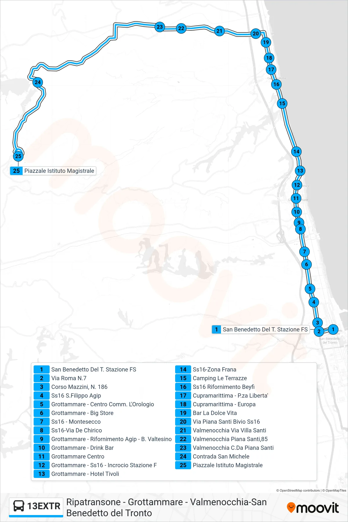 Linea 13EXTR bus (Piazzale Istituto Magistrale) - Percorsi e fermate sulla mappa