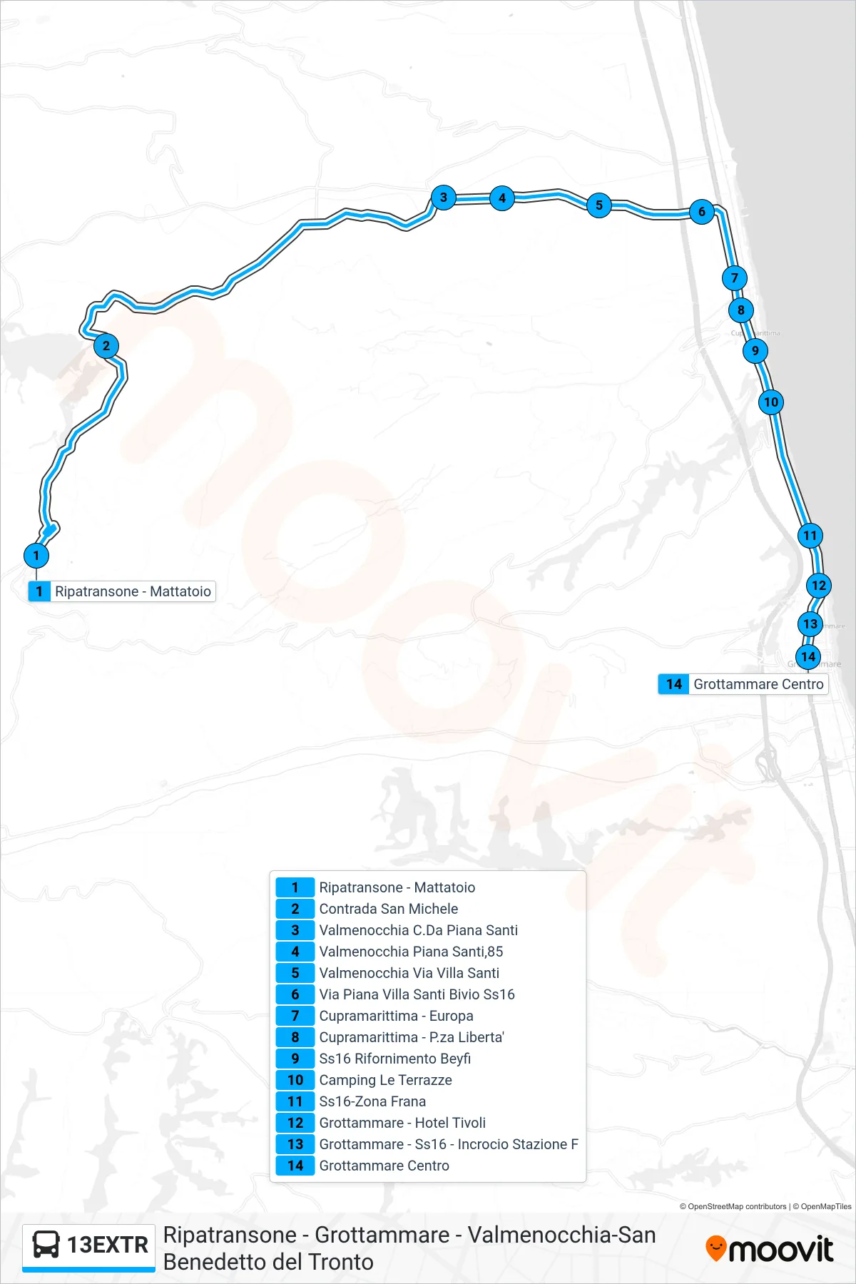 Linea 13EXTR bus (Grottammare Centro) - Percorsi e fermate sulla mappa