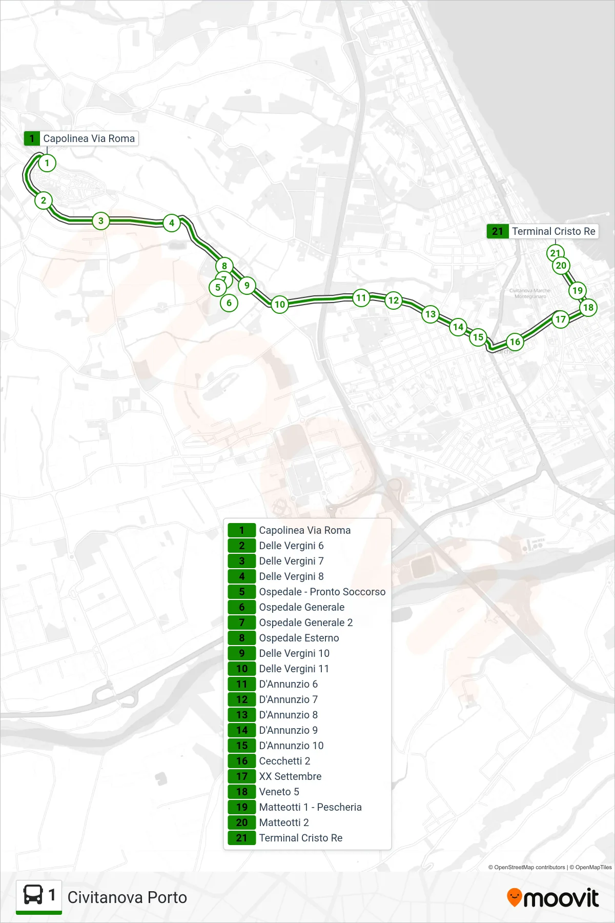 Linea 1 bus (Civitanova Porto) - Percorsi e fermate sulla mappa