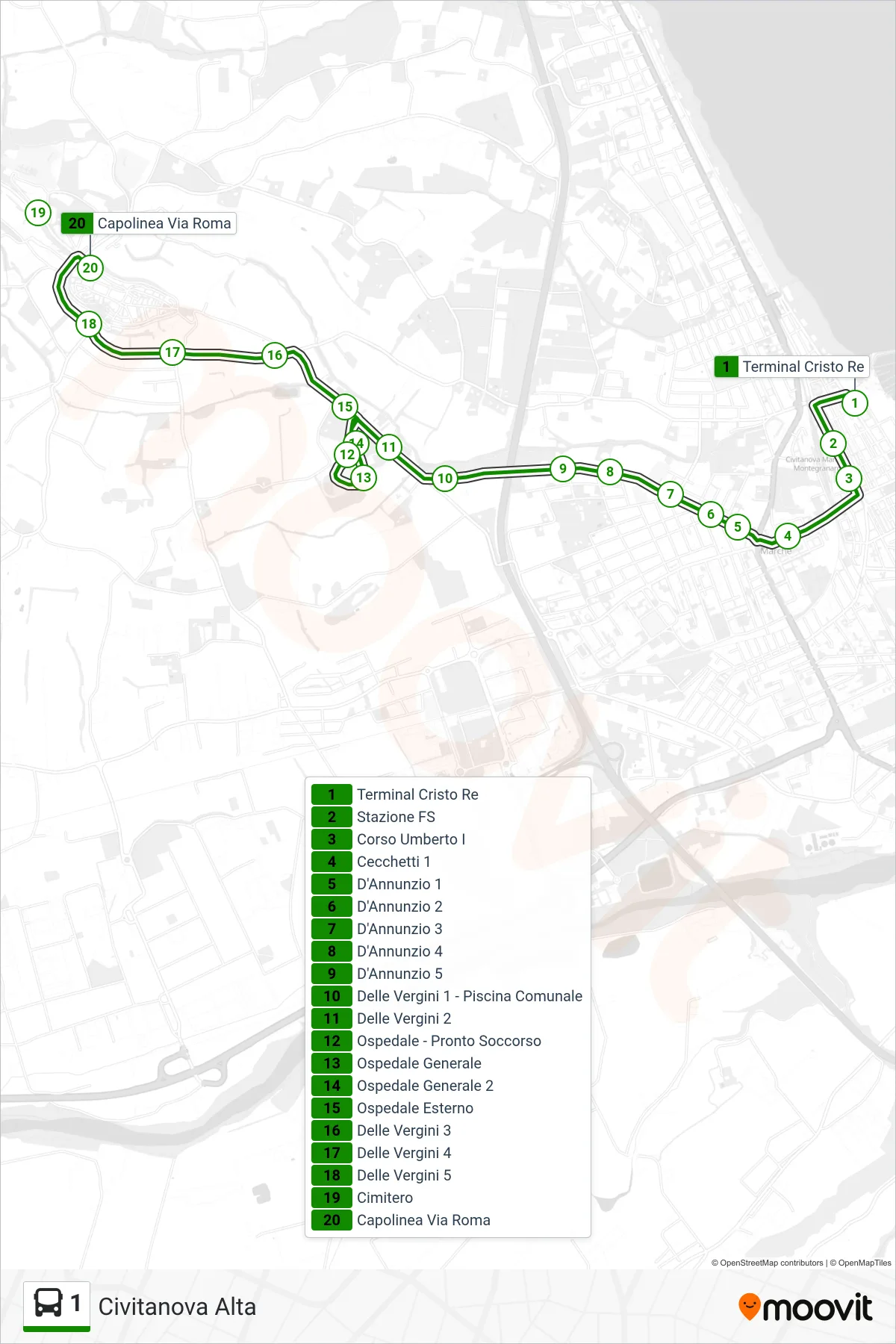 Linea 1 bus (Civitanova Alta) - Percorsi e fermate sulla mappa