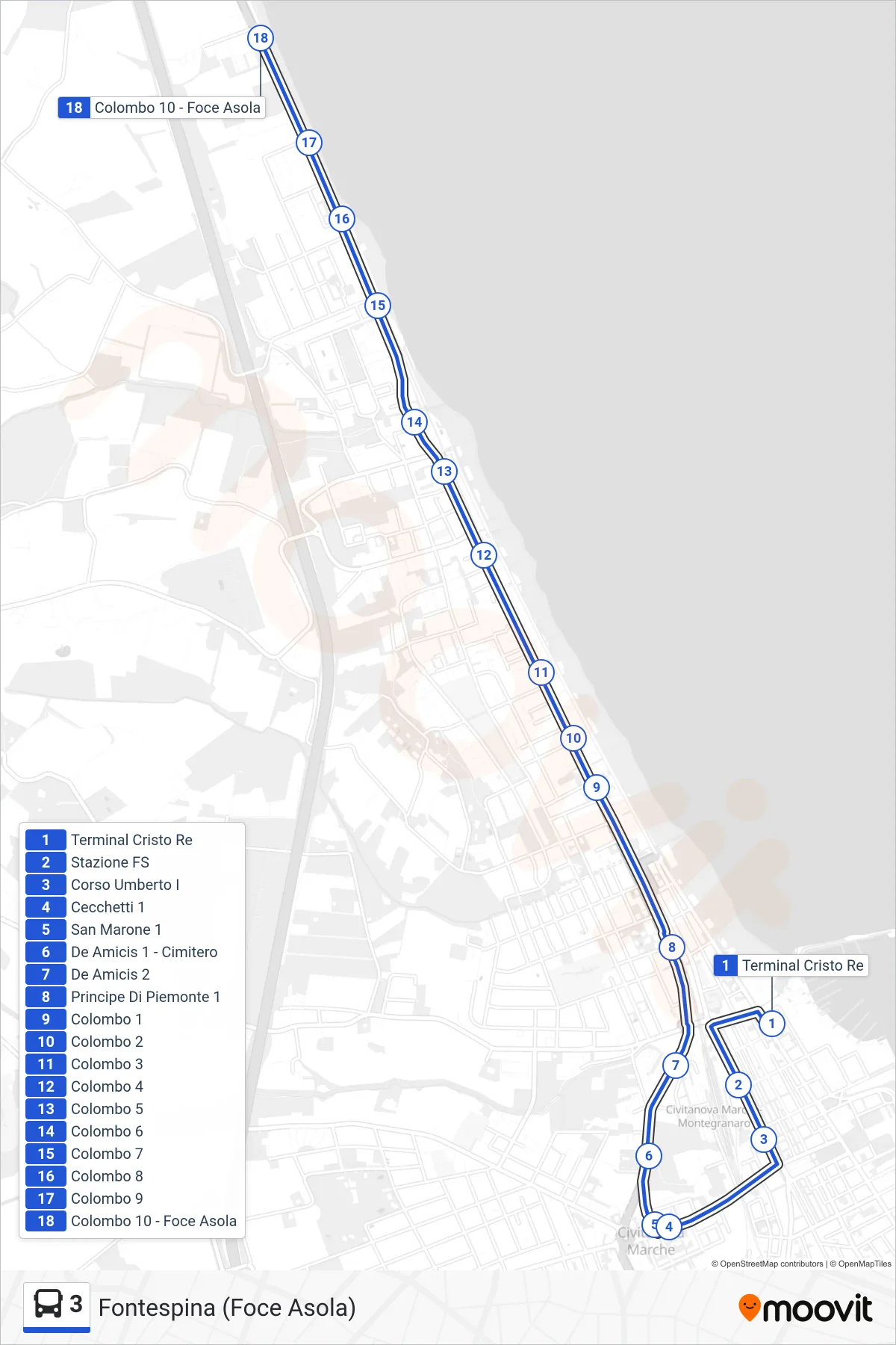Linea 3  bus (Fontespina (Foce Asola)) - Percorsi e fermate sulla mappa