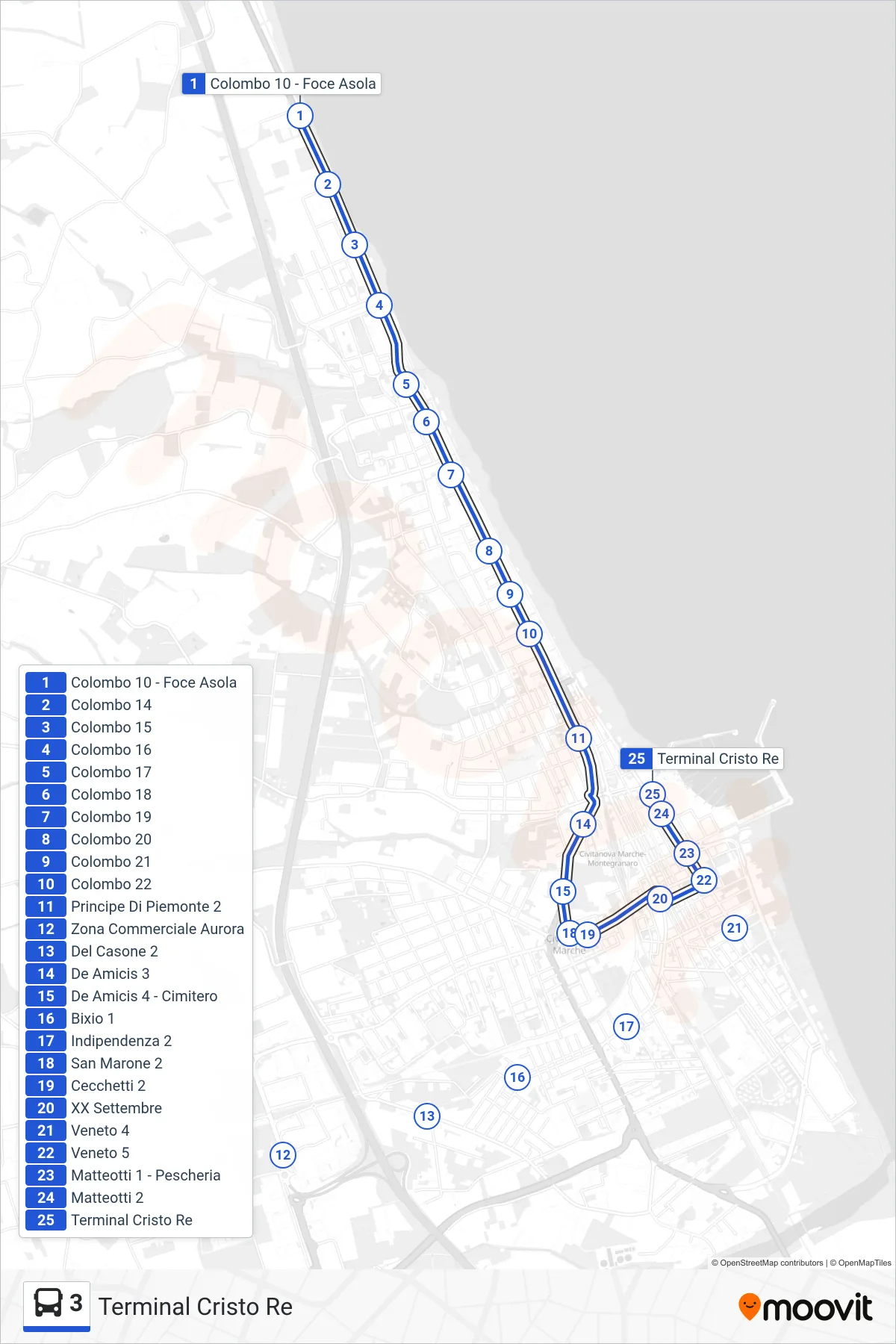 Linea 3 bus (Terminal Cristo Re) - Percorsi e fermate sulla mappa