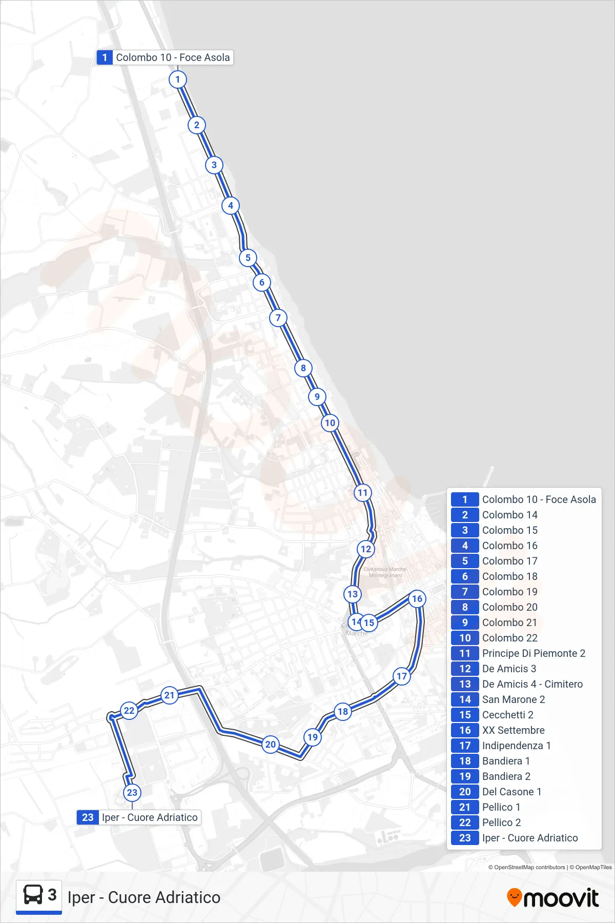 Linea 3 bus (Iper - Cuore Adriatico) - Percorsi e fermate sulla mappa