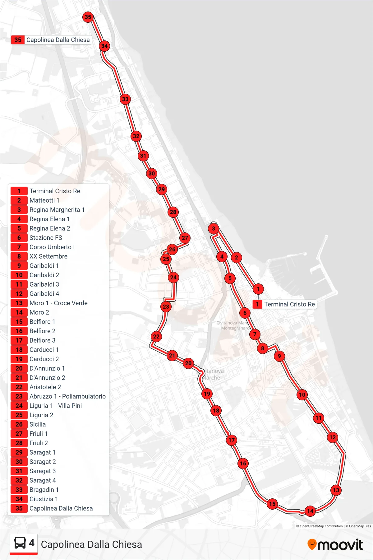 Linea 4 bus (Capolinea Dalla Chiesa) - Percorsi e fermate sulla mappa