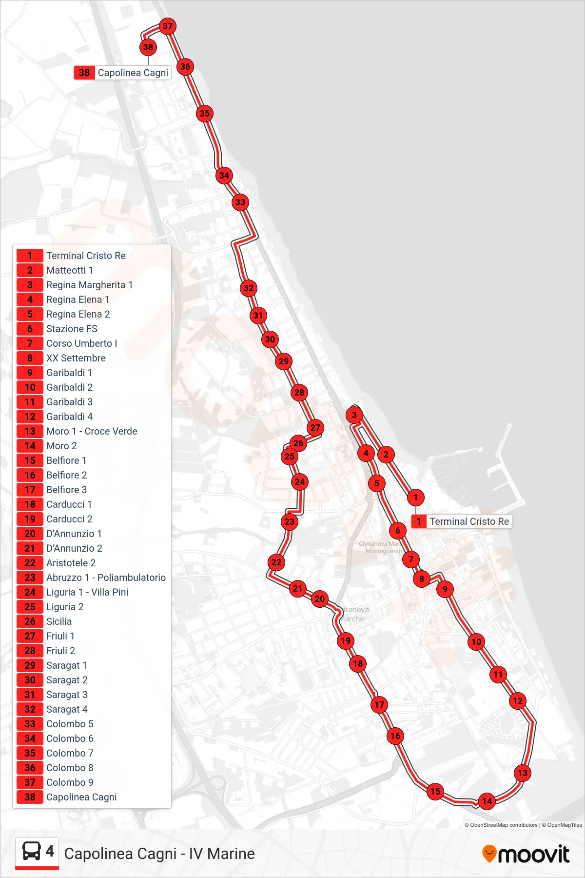 Linea 4  bus (Capolinea Cagni - IV Marine) - Percorsi e fermate sulla mappa