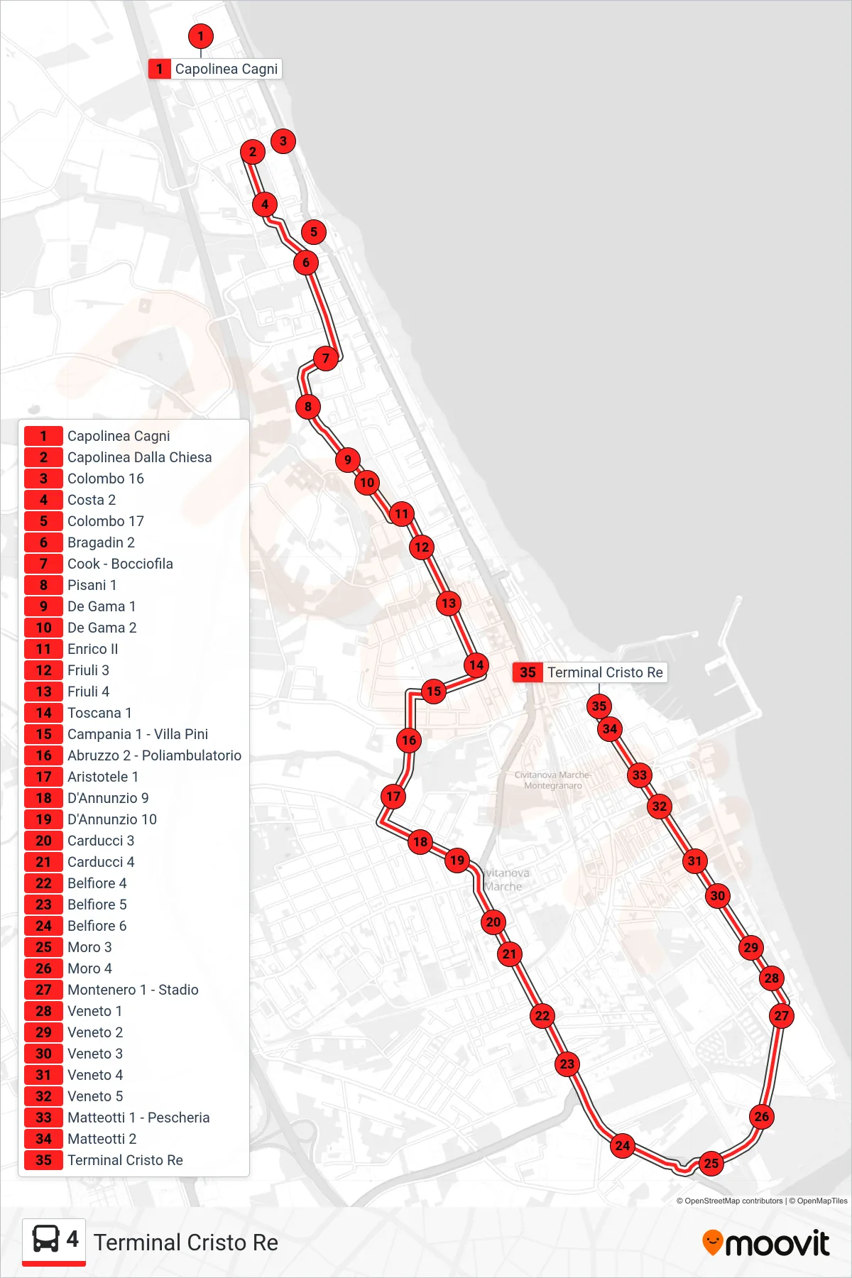 4 bus Line (Cristo Re Terminal) route and stops on a map