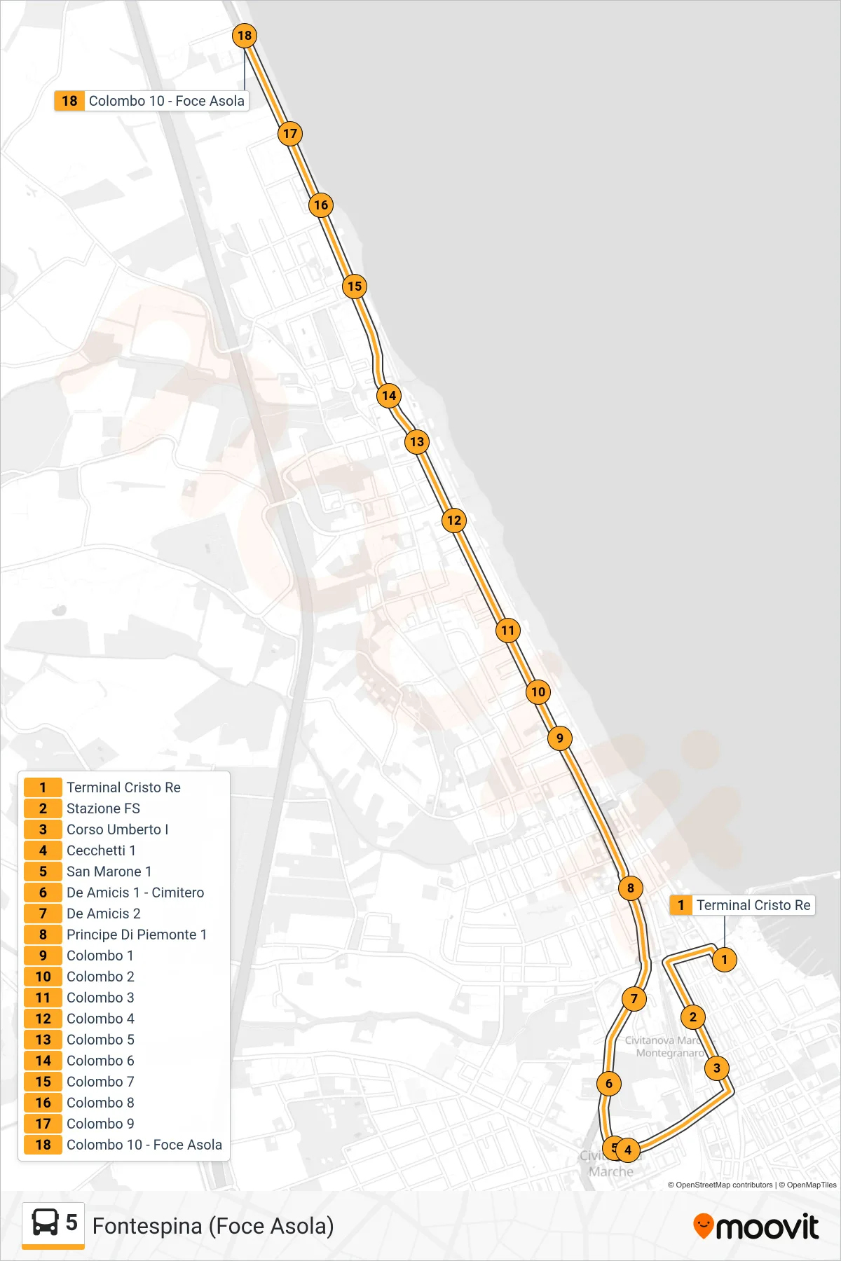 Linea 5  bus (Fontespina (Foce Asola)) - Percorsi e fermate sulla mappa