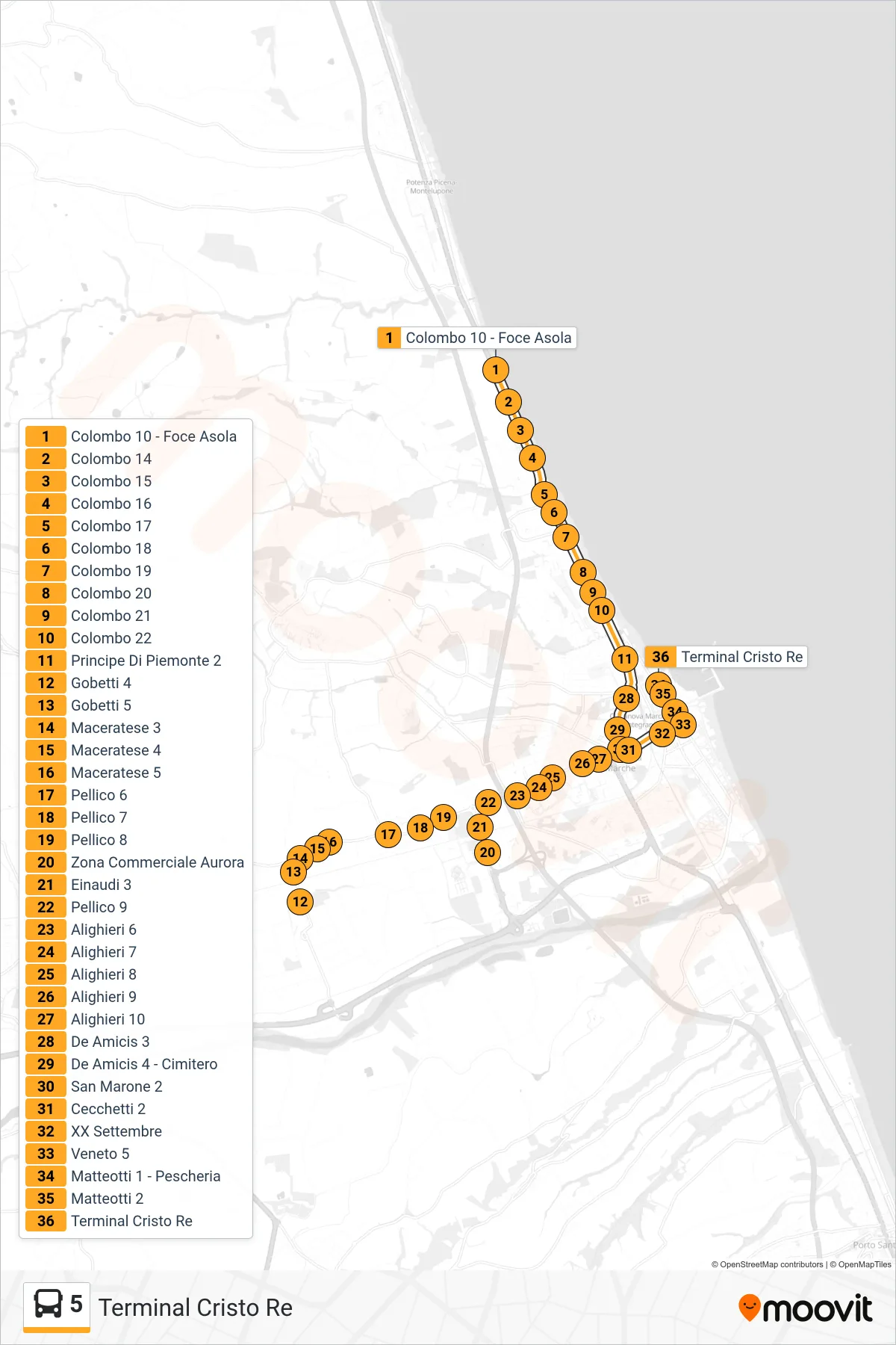 Linea 5  bus (Terminal Cristo Re) - Percorsi e fermate sulla mappa