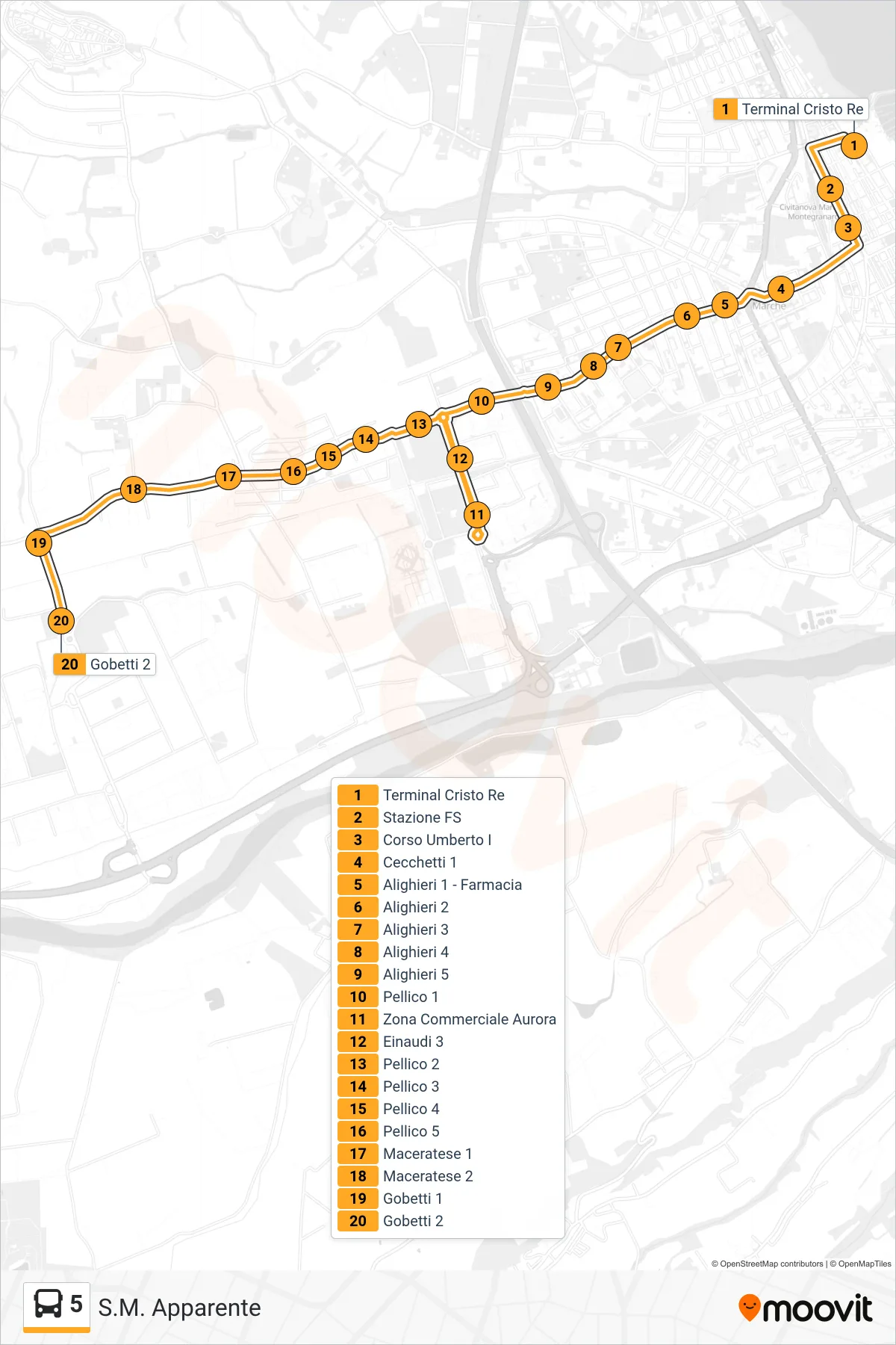 Linea 5  bus (S.M. Apparente) - Percorsi e fermate sulla mappa