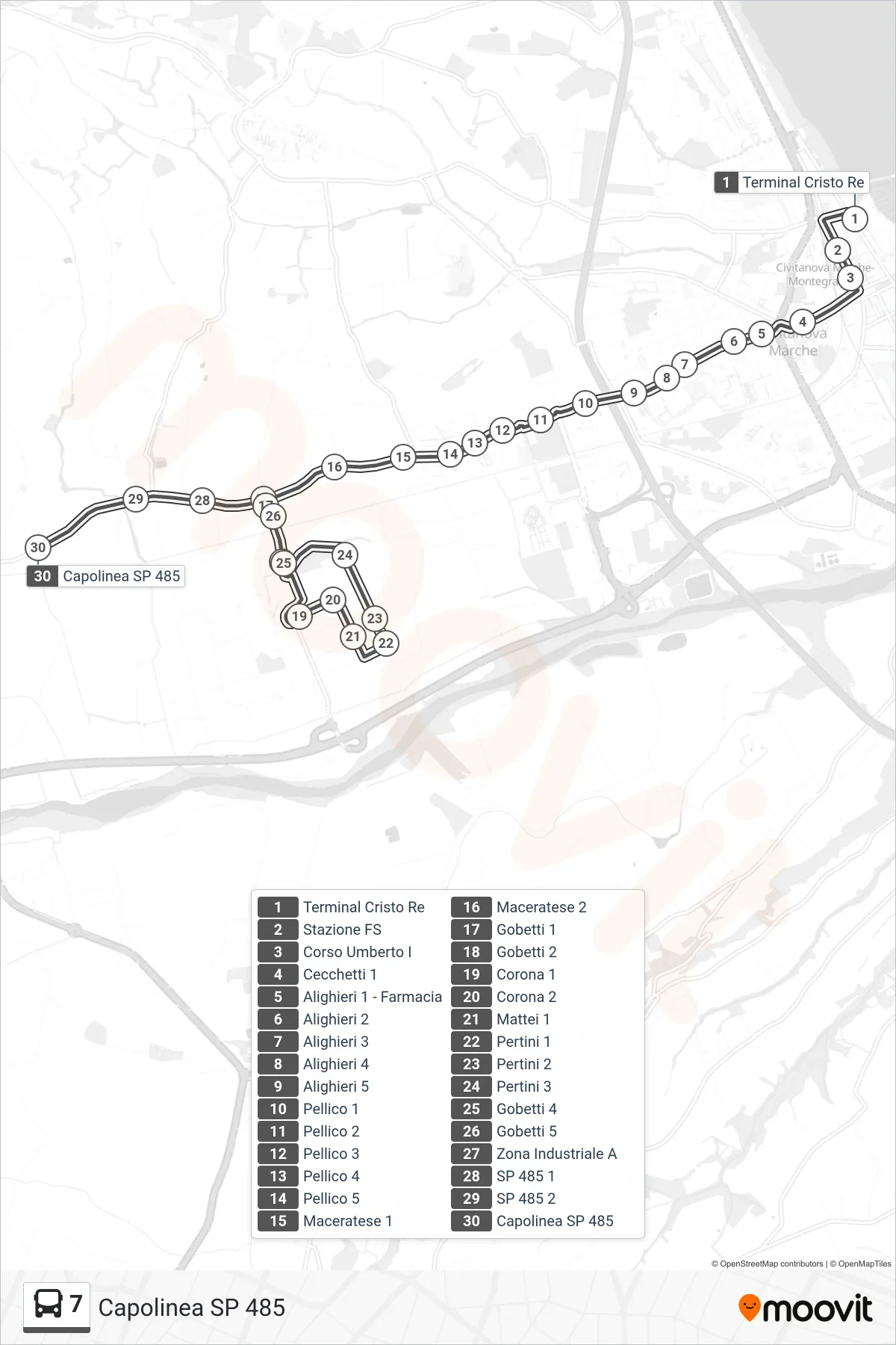 Linea 7 bus (Capolinea SP 485) - Percorsi e fermate sulla mappa