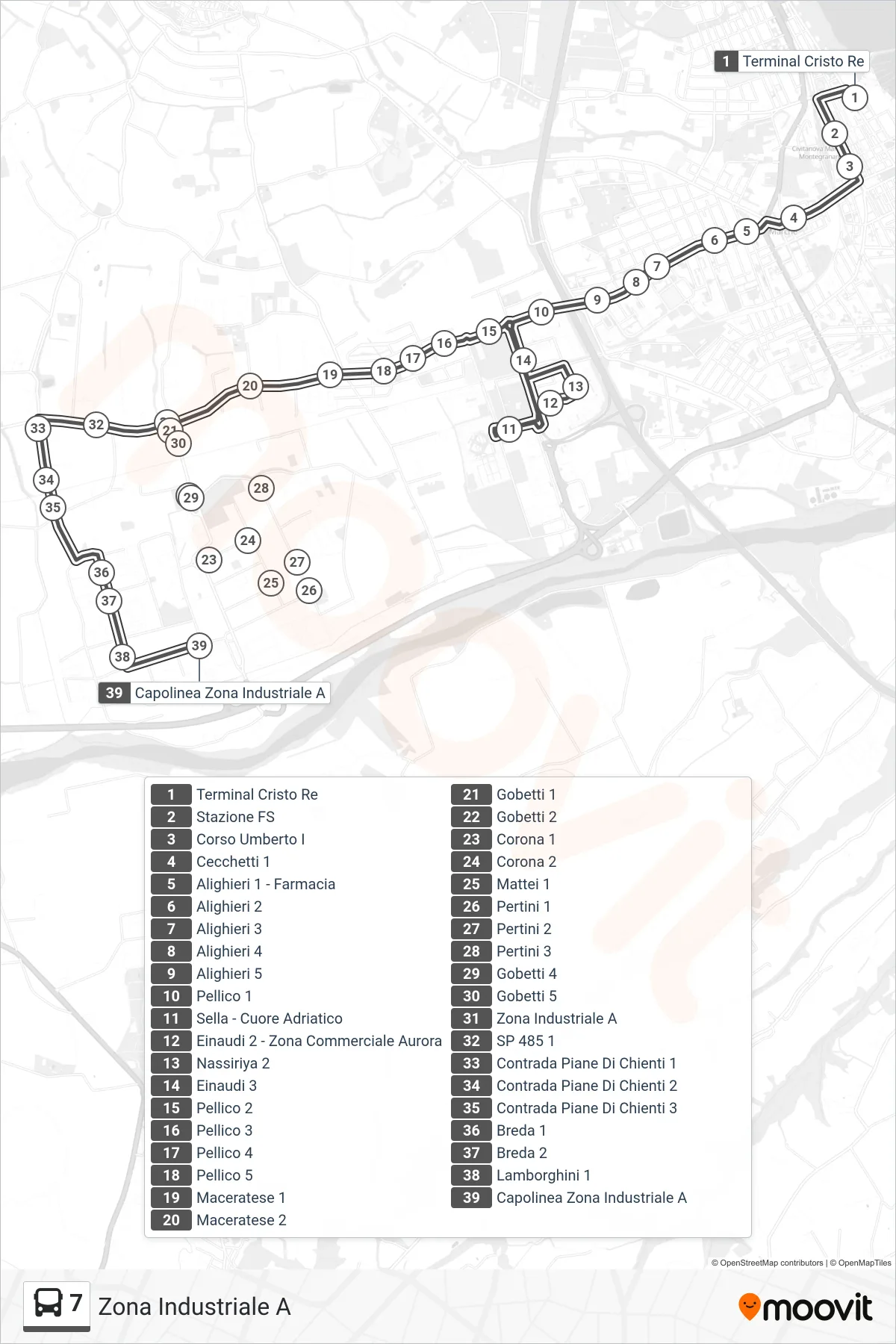 Linea 7 bus (Zona Industriale A) - Percorsi e fermate sulla mappa