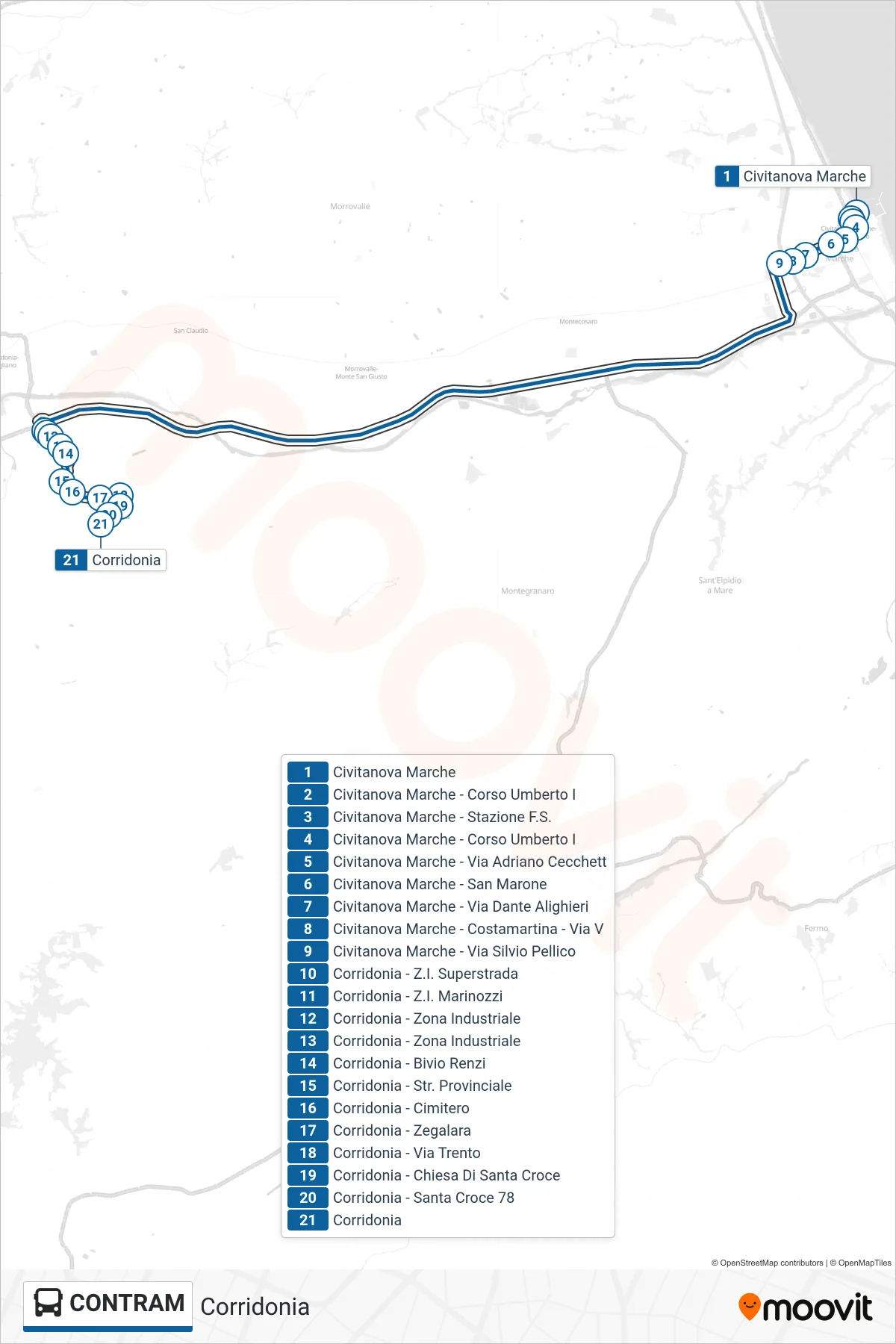 Linea CONTRAM  bus (Corridonia) - Percorsi e fermate sulla mappa