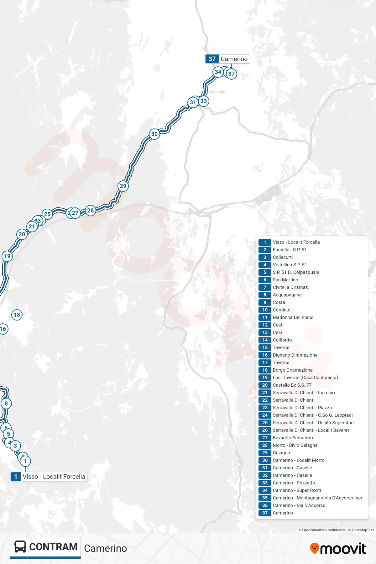 Linea CONTRAM bus (Camerino) - Percorsi e fermate sulla mappa
