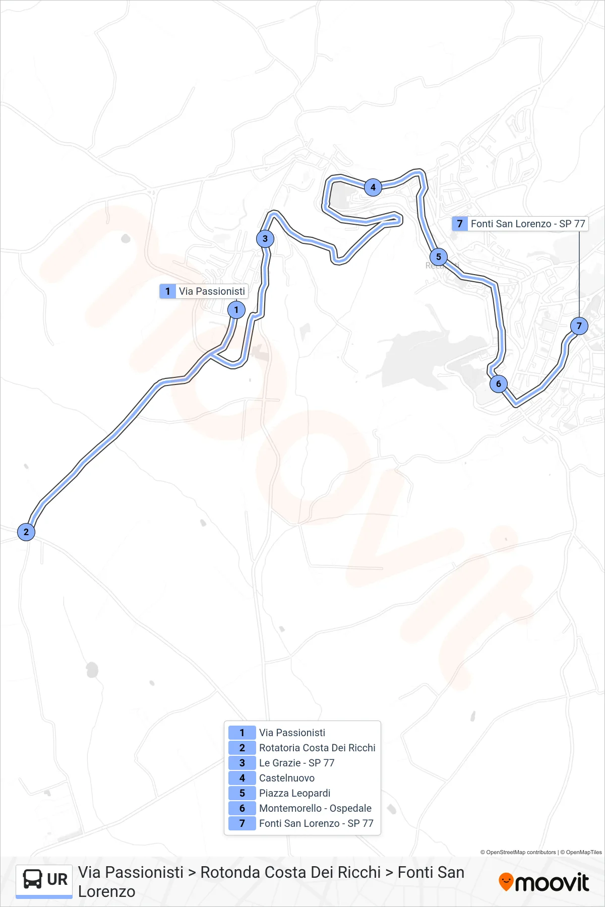 UR tram Line (Via Passionisti > Costa Dei Ricchi Roundabout > Fonti San Lorenzo) route and stops on a map