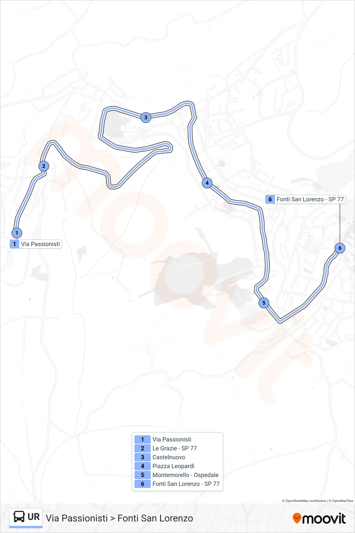 UR tram Line (Via Passionists > San Lorenzo Springs) route and stops on a map