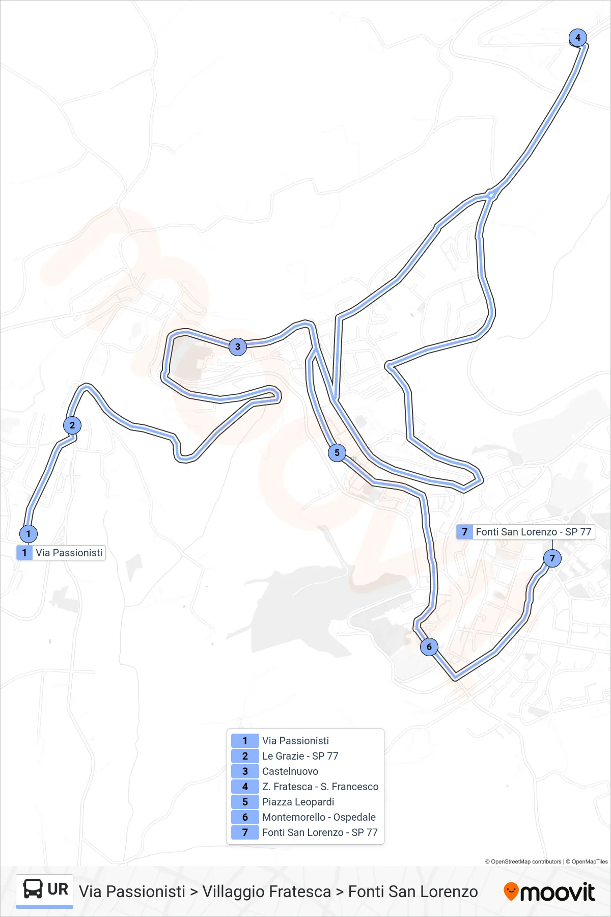Linea UR tram (Via Passionisti > Villaggio Fratesca > Fonti San Lorenzo) - Percorsi e fermate sulla mappa