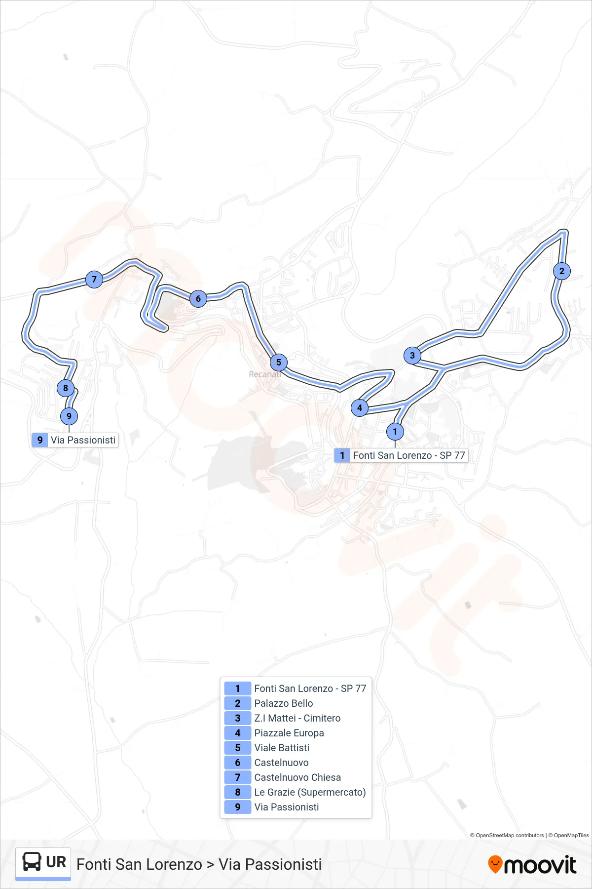 Linea UR tram (Fonti San Lorenzo > Via Passionisti) - Percorsi e fermate sulla mappa