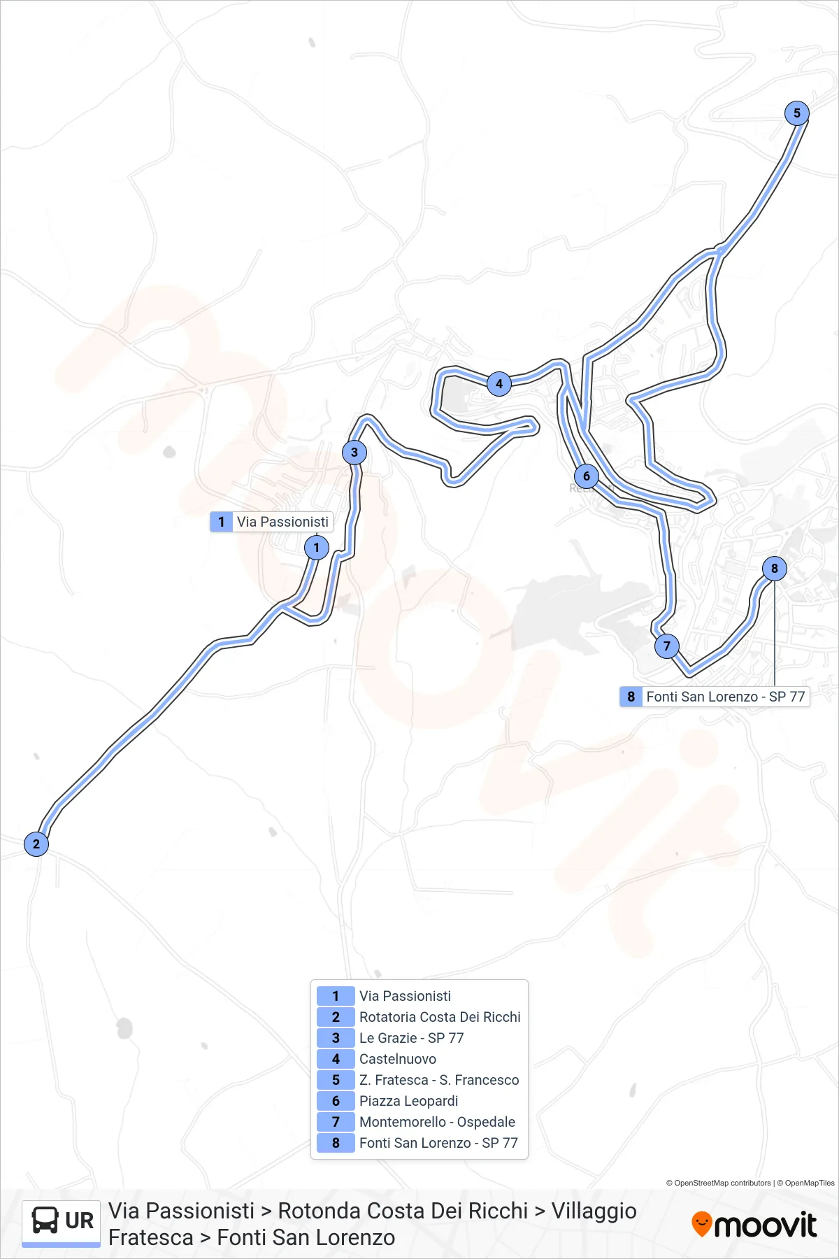 Linea UR tram (Via Passionisti > Rotonda Costa Dei Ricchi > Villaggio Fratesca > Fonti San Lorenzo) - Percorsi e fermate sulla mappa