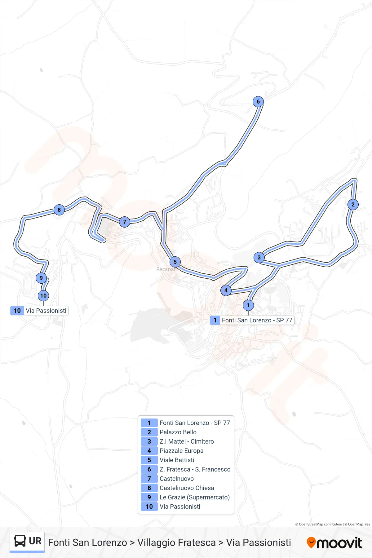 Linea UR tram (Fonti San Lorenzo > Villaggio Fratesca > Via Passionisti) - Percorsi e fermate sulla mappa