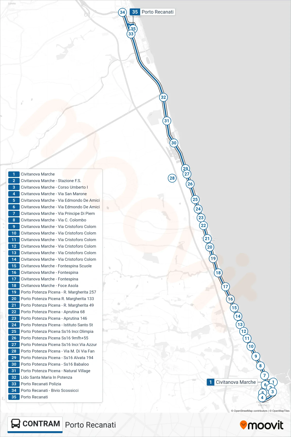 Linea CONTRAM  bus (Porto Recanati) - Percorsi e fermate sulla mappa