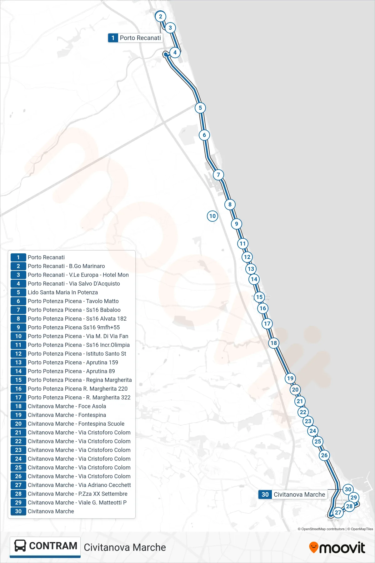 Linea CONTRAM  bus (Civitanova  Marche) - Percorsi e fermate sulla mappa