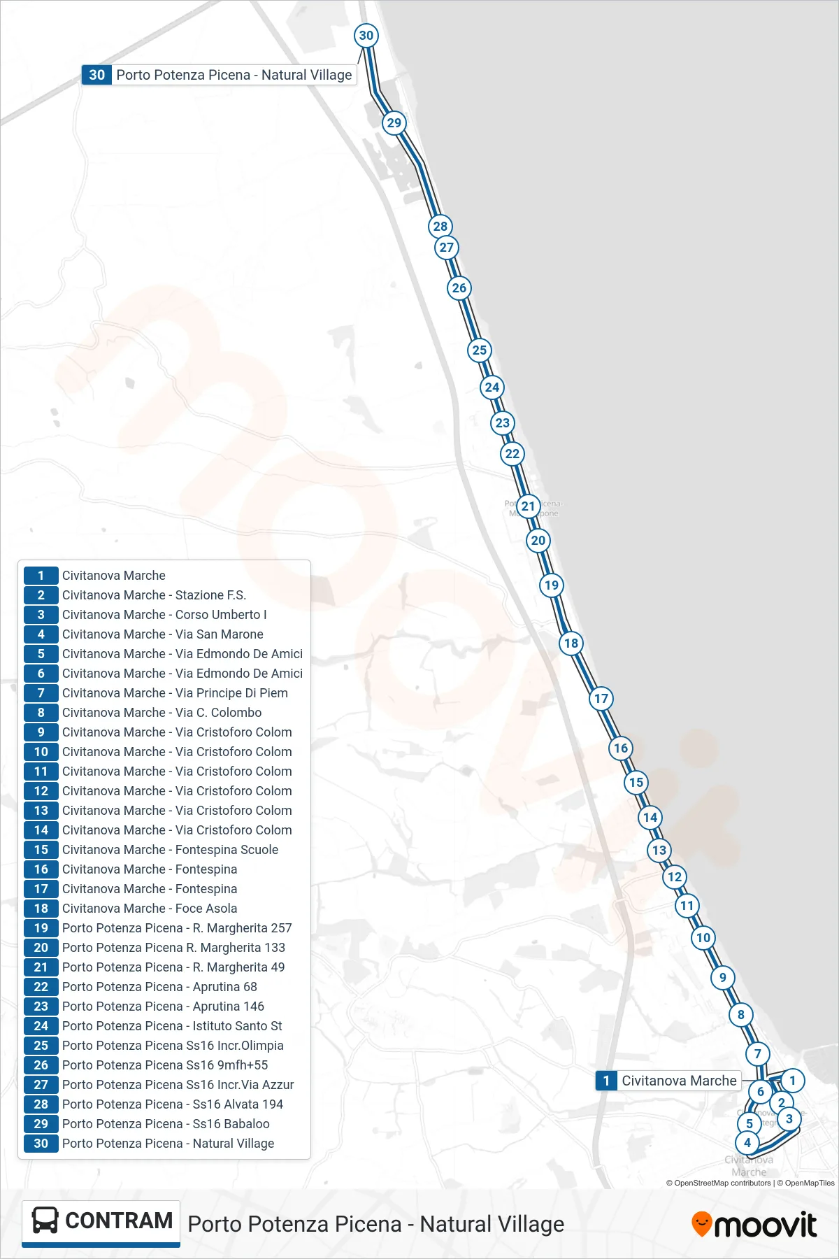 Linea CONTRAM bus (Porto Potenza Picena - Natural Village) - Percorsi e fermate sulla mappa