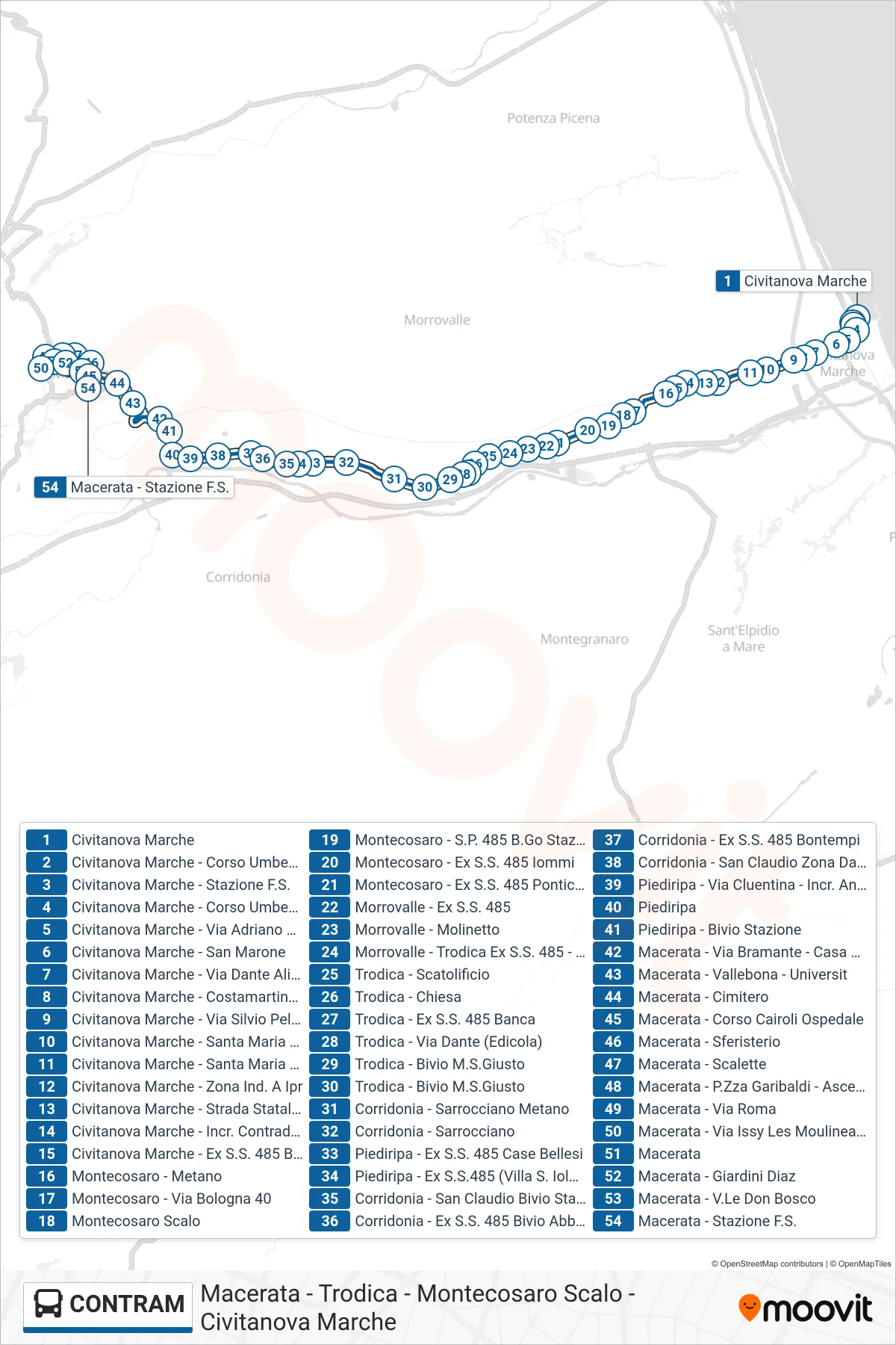 Linea CONTRAM bus (Macerata - Stazione F.S.) - Percorsi e fermate sulla mappa