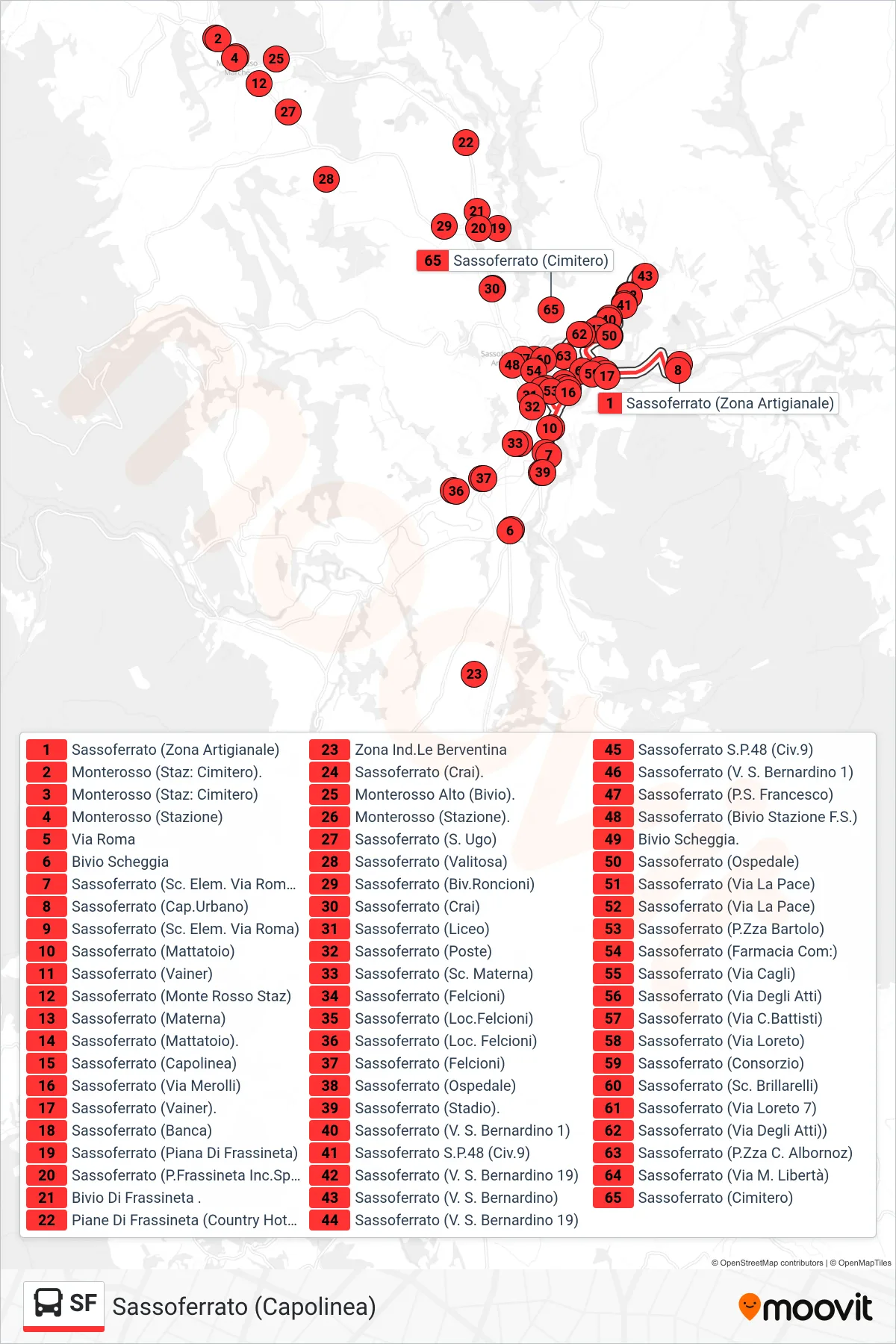 Linea SF bus (Sassoferrato (Capolinea)) - Percorsi e fermate sulla mappa