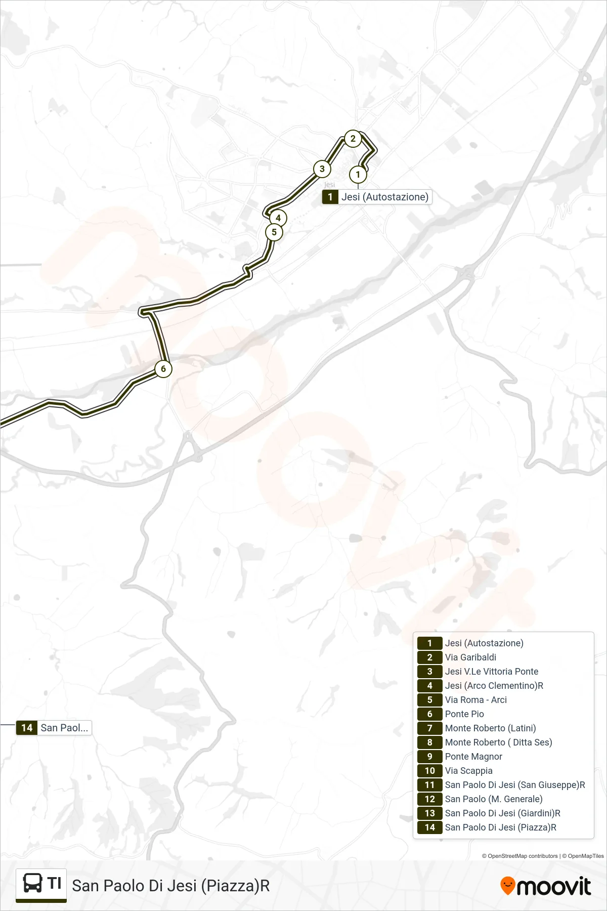 Linea TI  bus (San Paolo Di Jesi (Piazza)R) - Percorsi e fermate sulla mappa