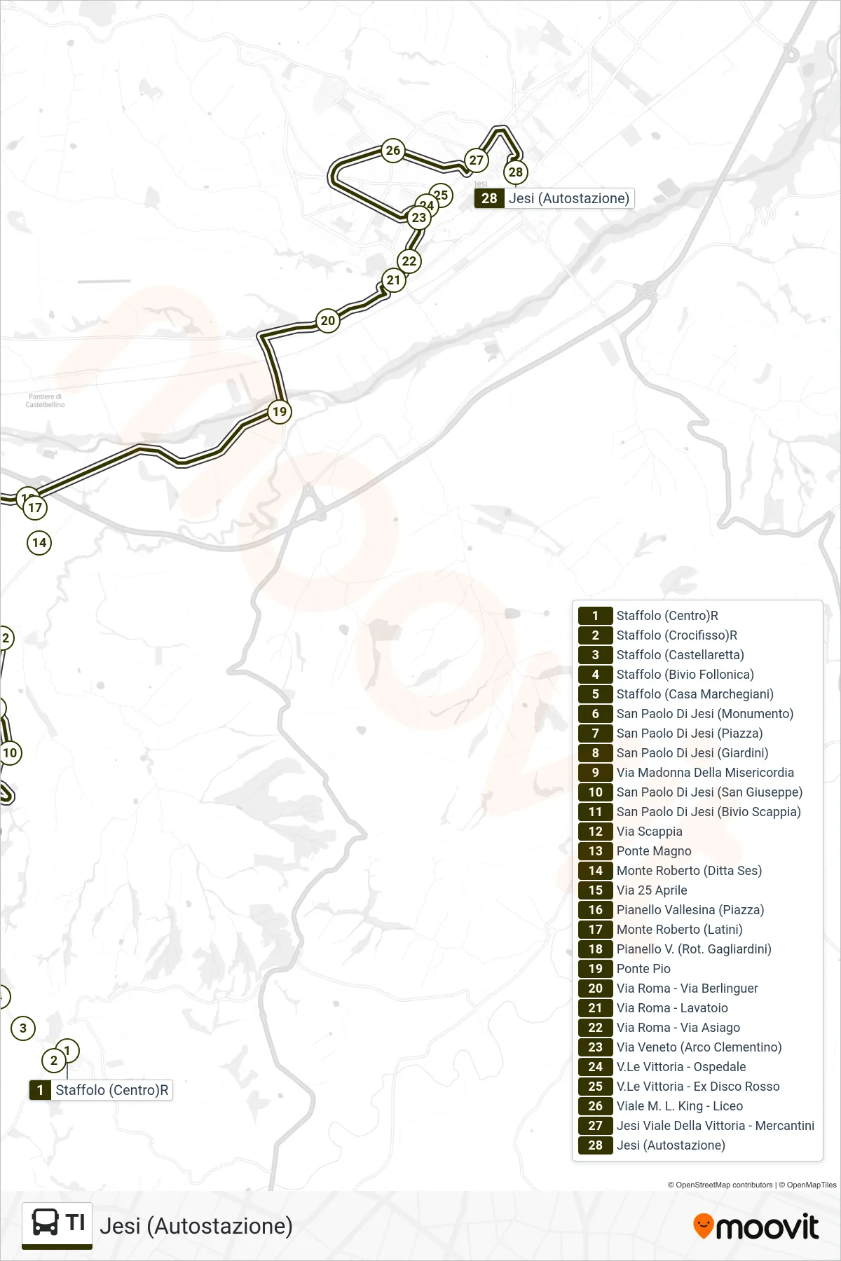 Linea TI bus (Jesi (Autostazione)) - Percorsi e fermate sulla mappa