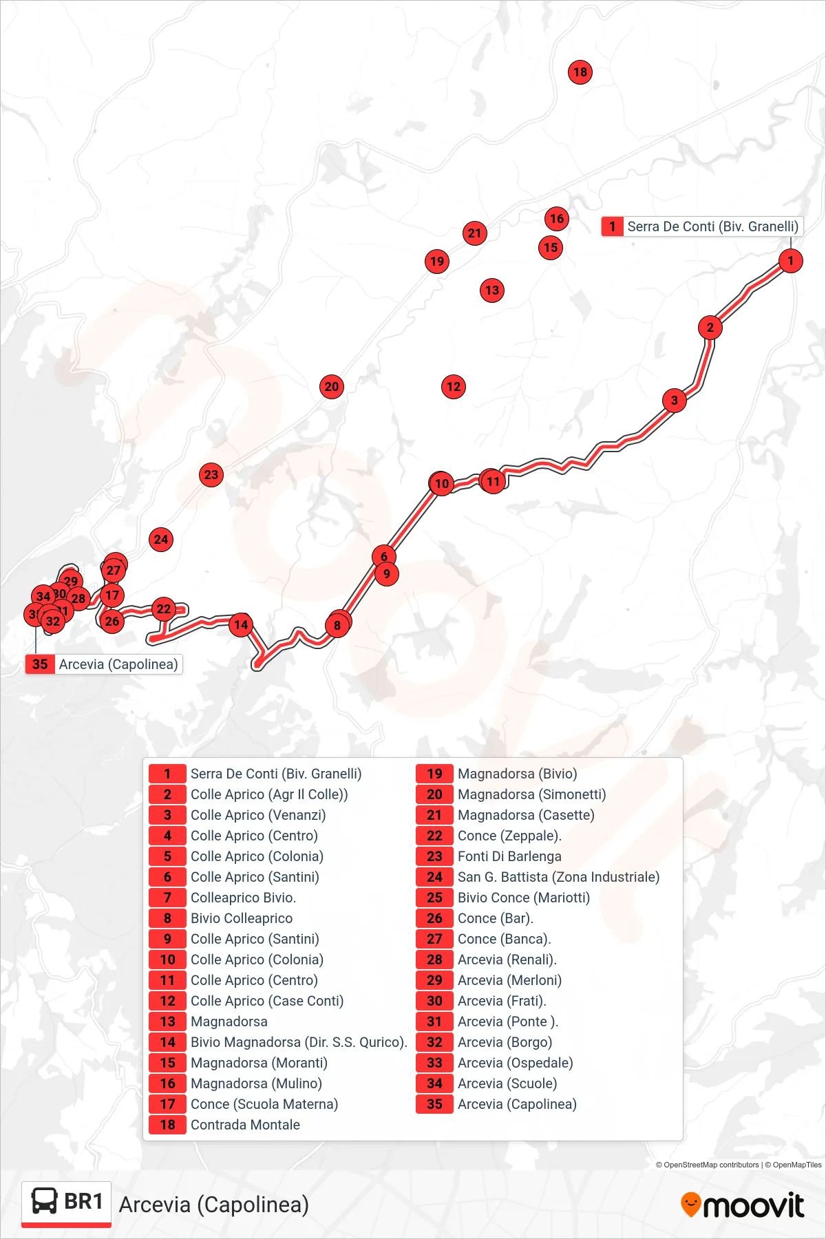 Linea BR1 bus (Arcevia (Capolinea)) - Percorsi e fermate sulla mappa