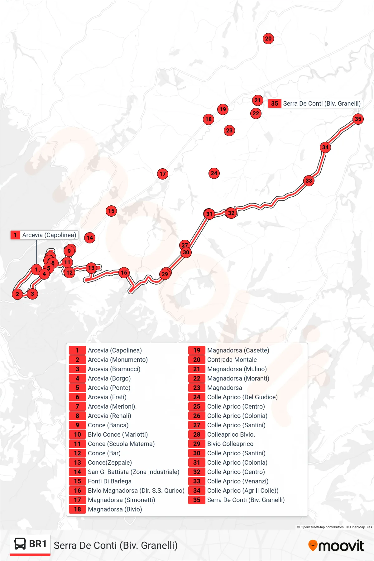 Linea BR1 bus (Serra De Conti (Biv. Granelli)) - Percorsi e fermate sulla mappa