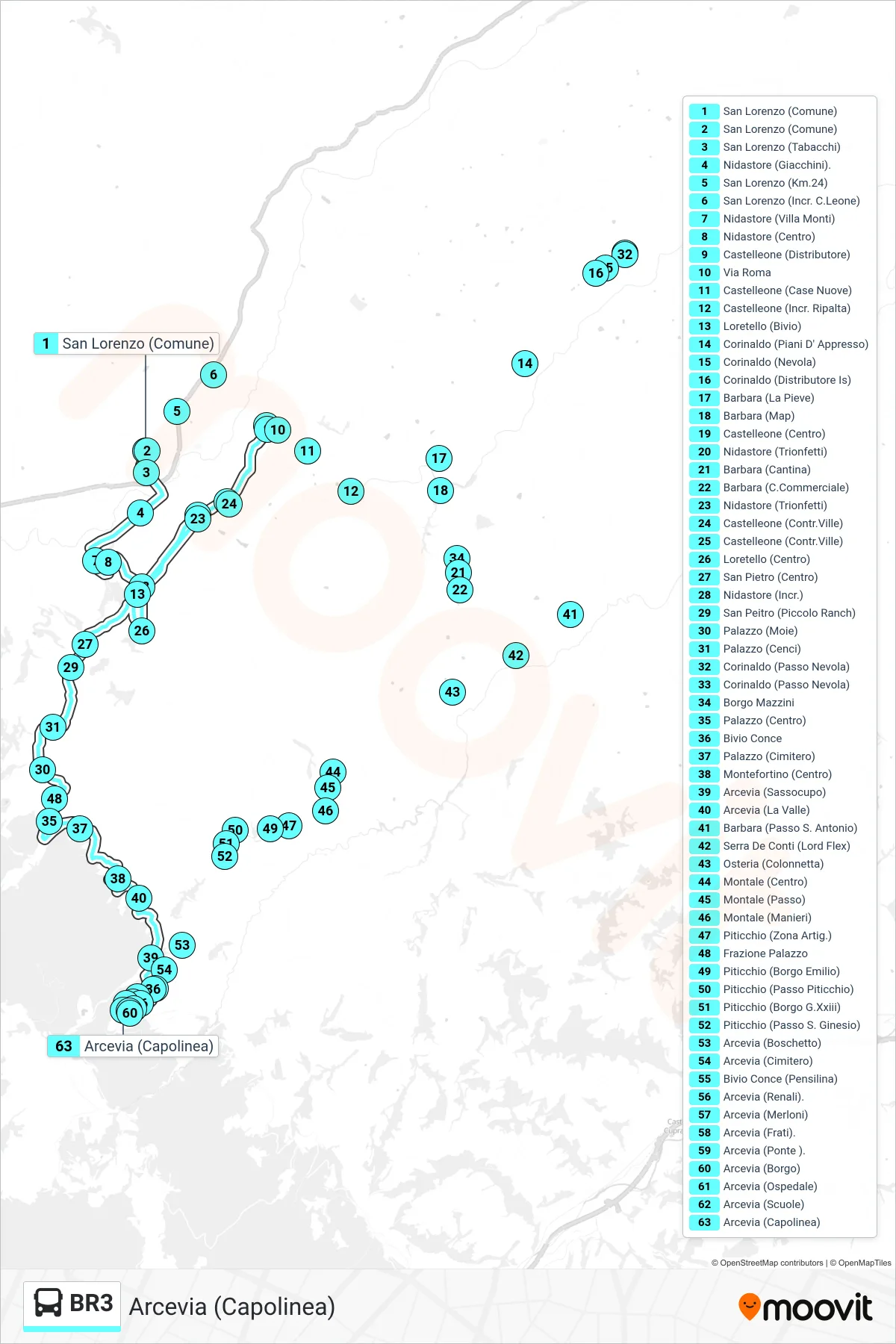 Linea BR3 bus (Arcevia (Capolinea)) - Percorsi e fermate sulla mappa