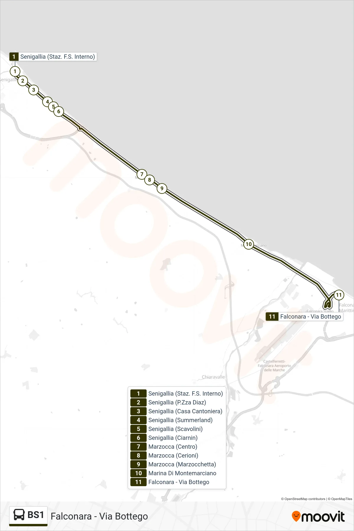 Linea BS1 bus (Falconara - Via Bottego) - Percorsi e fermate sulla mappa