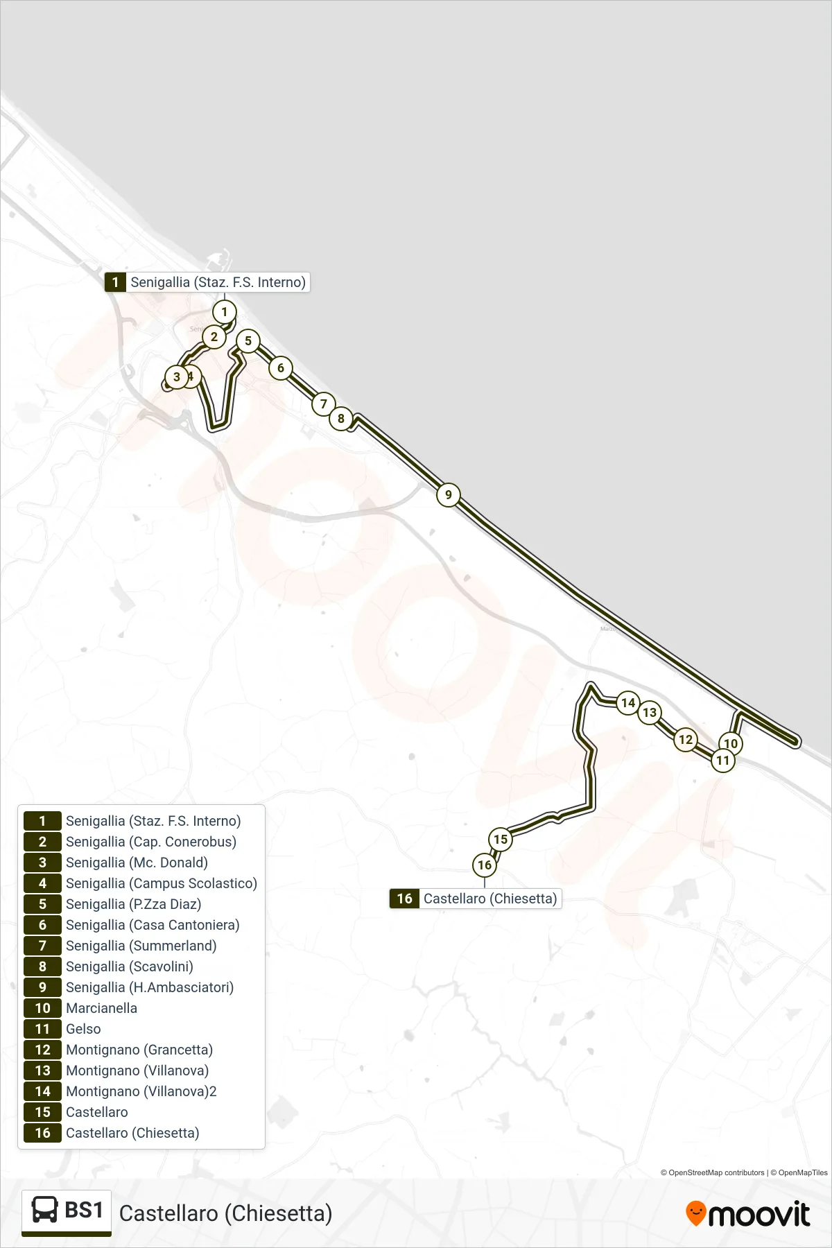 Linea BS1 bus (Castellaro (Chiesetta)) - Percorsi e fermate sulla mappa