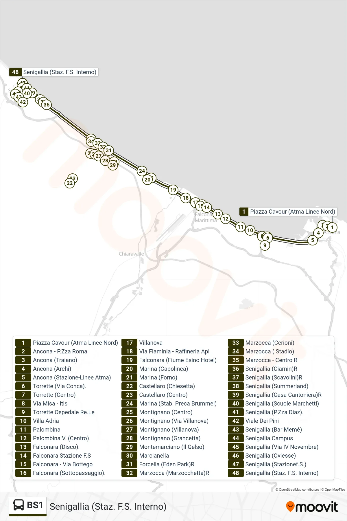 Linea BS1 bus (Senigallia (Staz. F.S. Interno)) - Percorsi e fermate sulla mappa