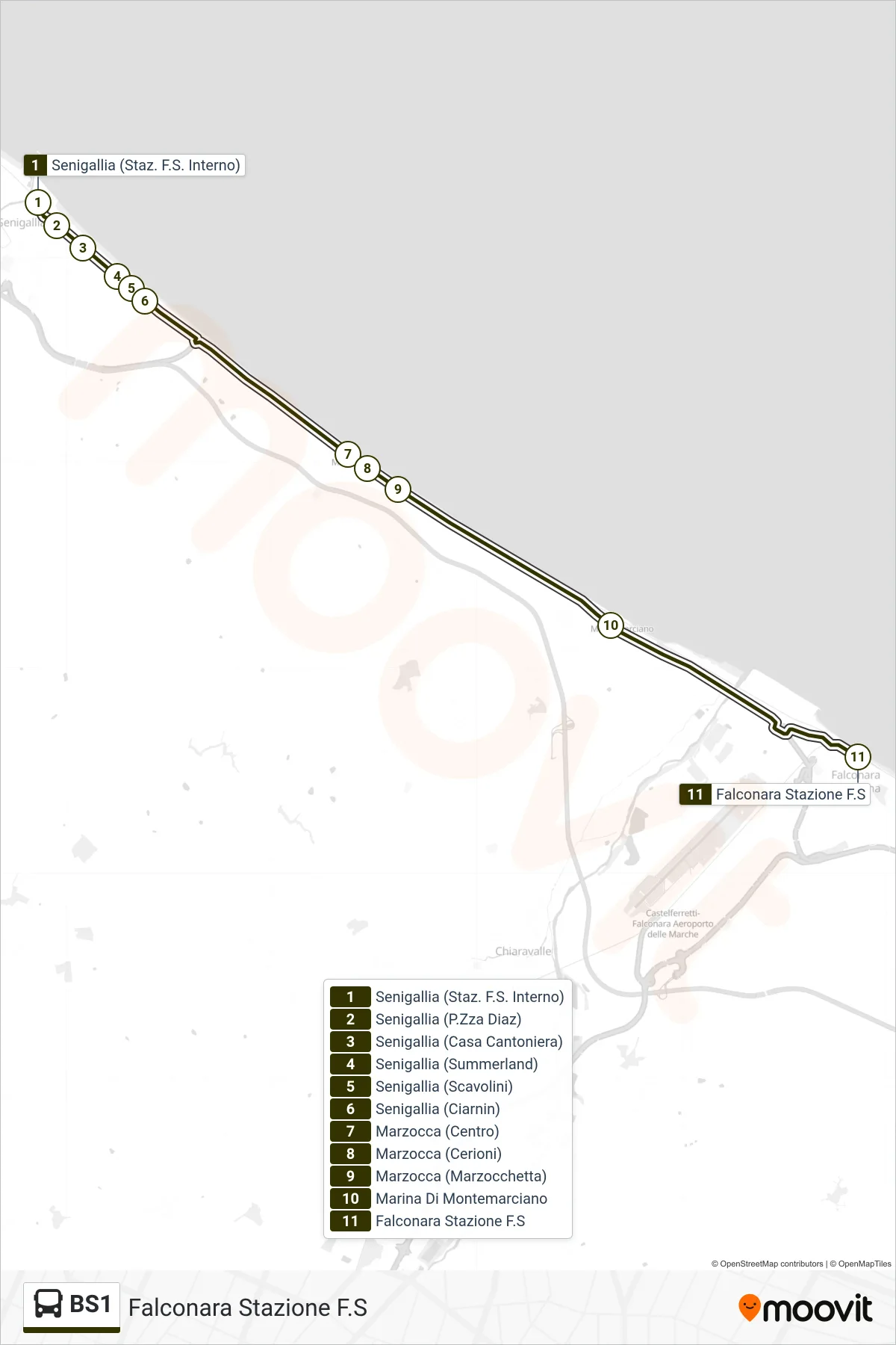 Linea BS1 bus (Falconara Stazione F.S) - Percorsi e fermate sulla mappa