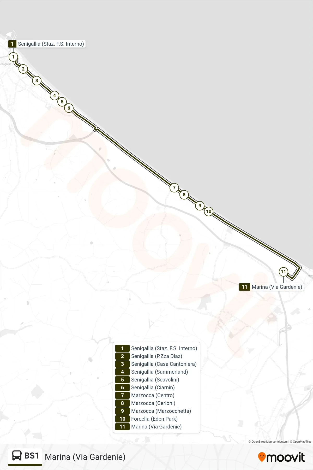 Linea BS1  bus (Marina (Via Gardenie)) - Percorsi e fermate sulla mappa