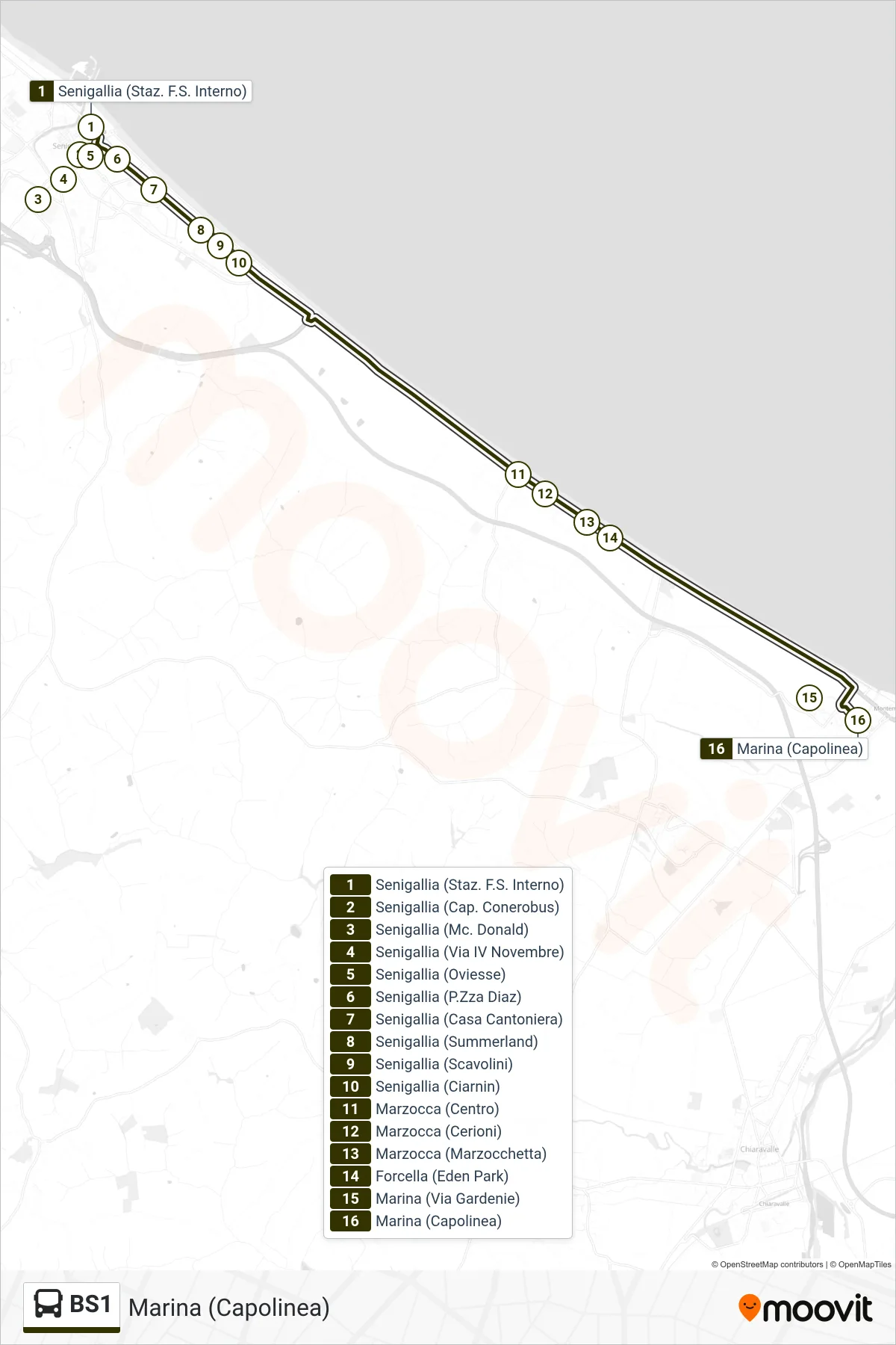 Linea BS1  bus (Marina (Capolinea)) - Percorsi e fermate sulla mappa