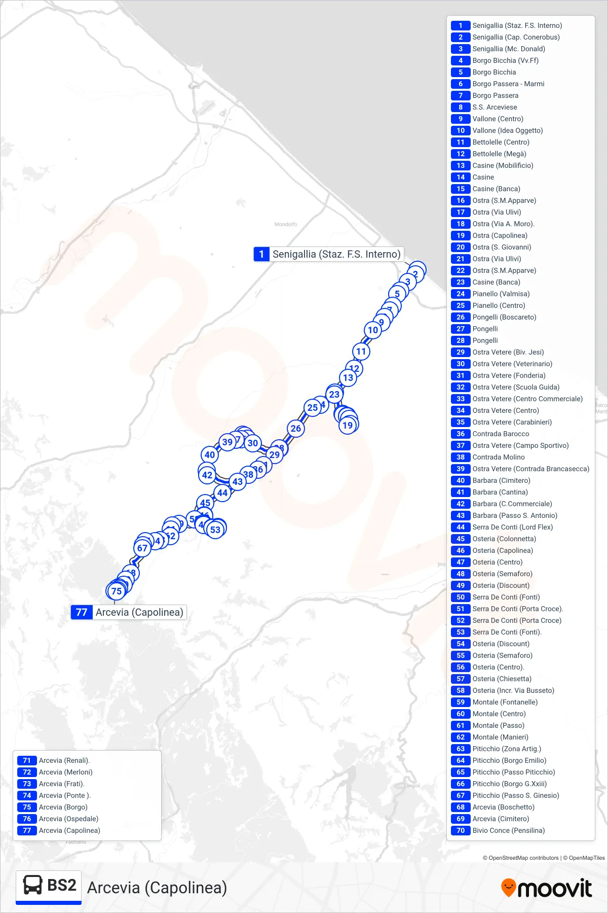 Linea BS2  bus (Arcevia (Capolinea)) - Percorsi e fermate sulla mappa