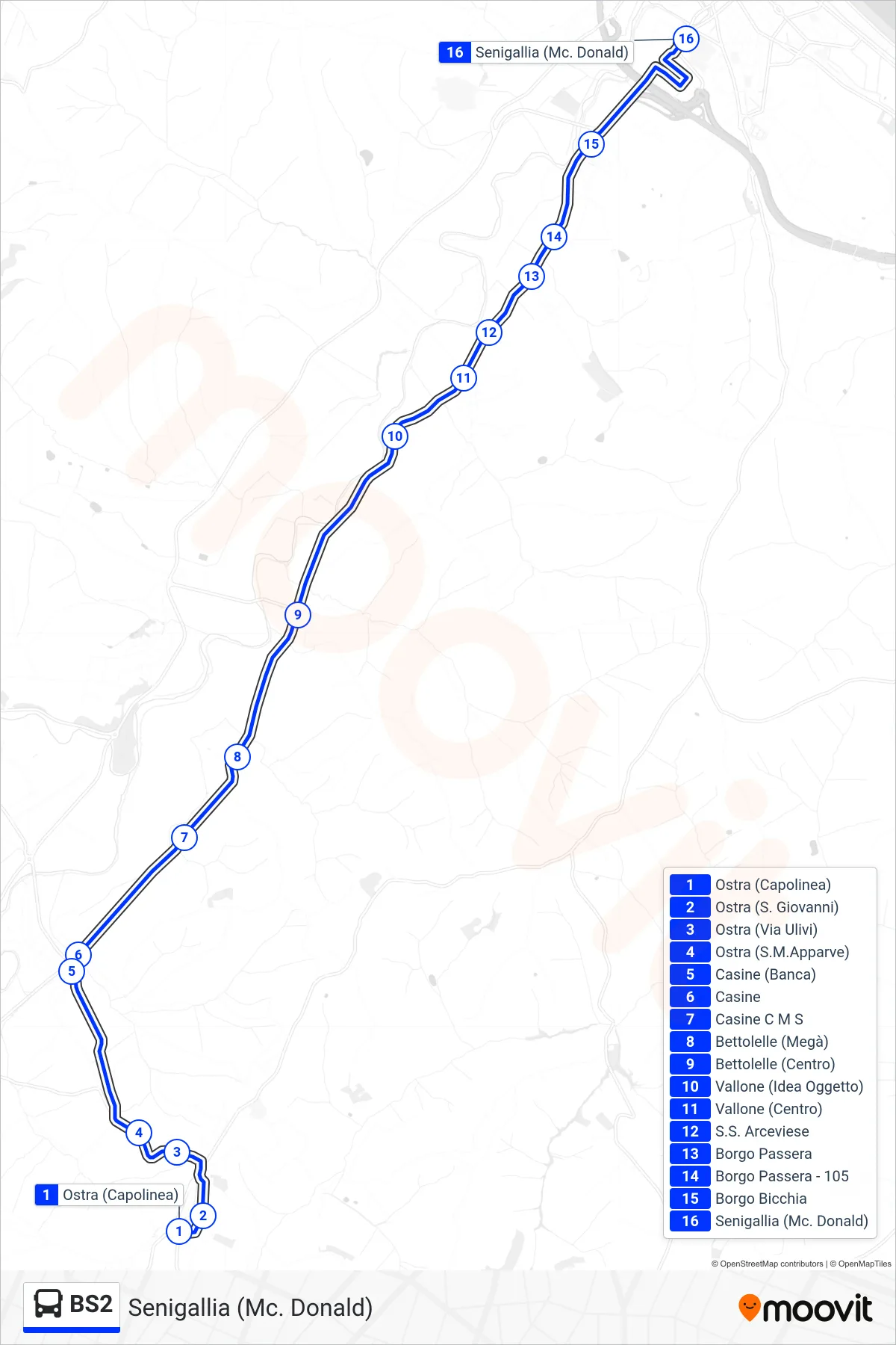 Linea BS2 bus (Senigallia (Mc. Donald)) - Percorsi e fermate sulla mappa