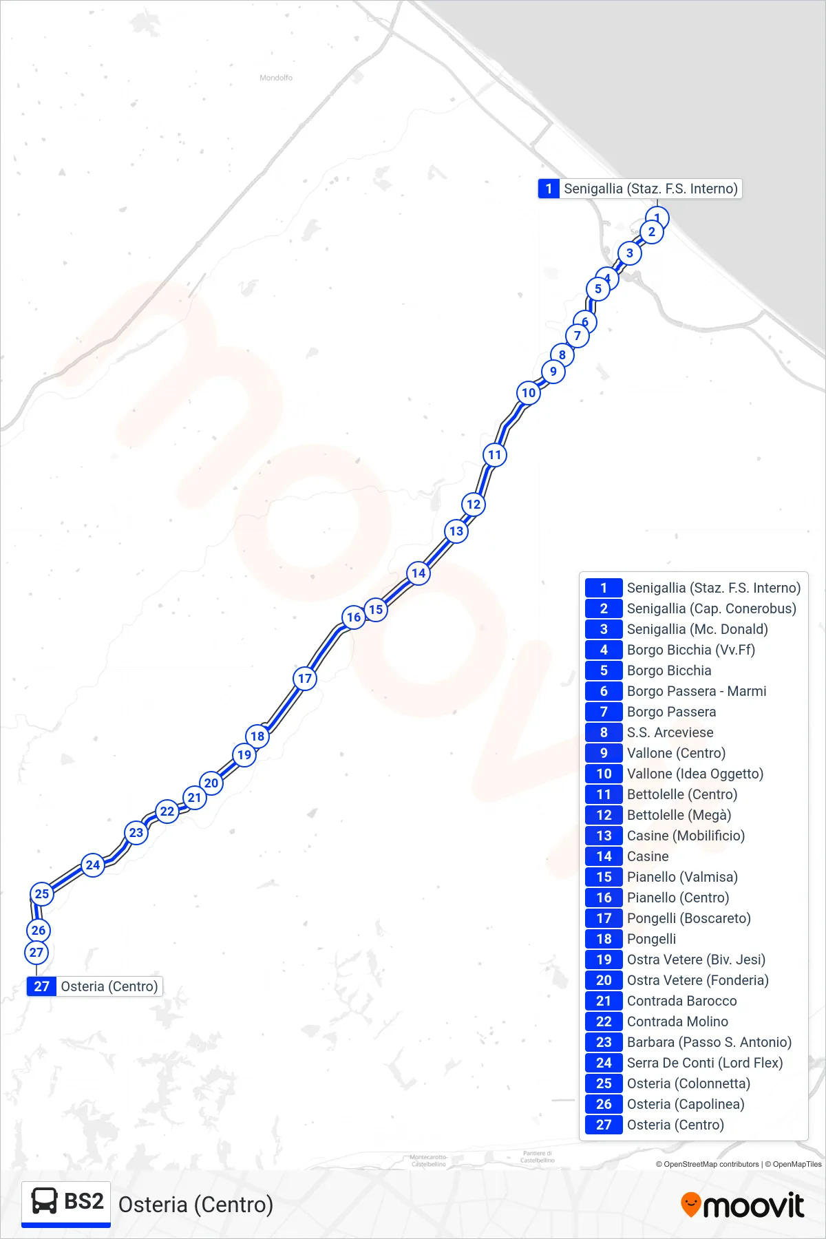 Linea BS2 bus (Osteria (Centro)) - Percorsi e fermate sulla mappa
