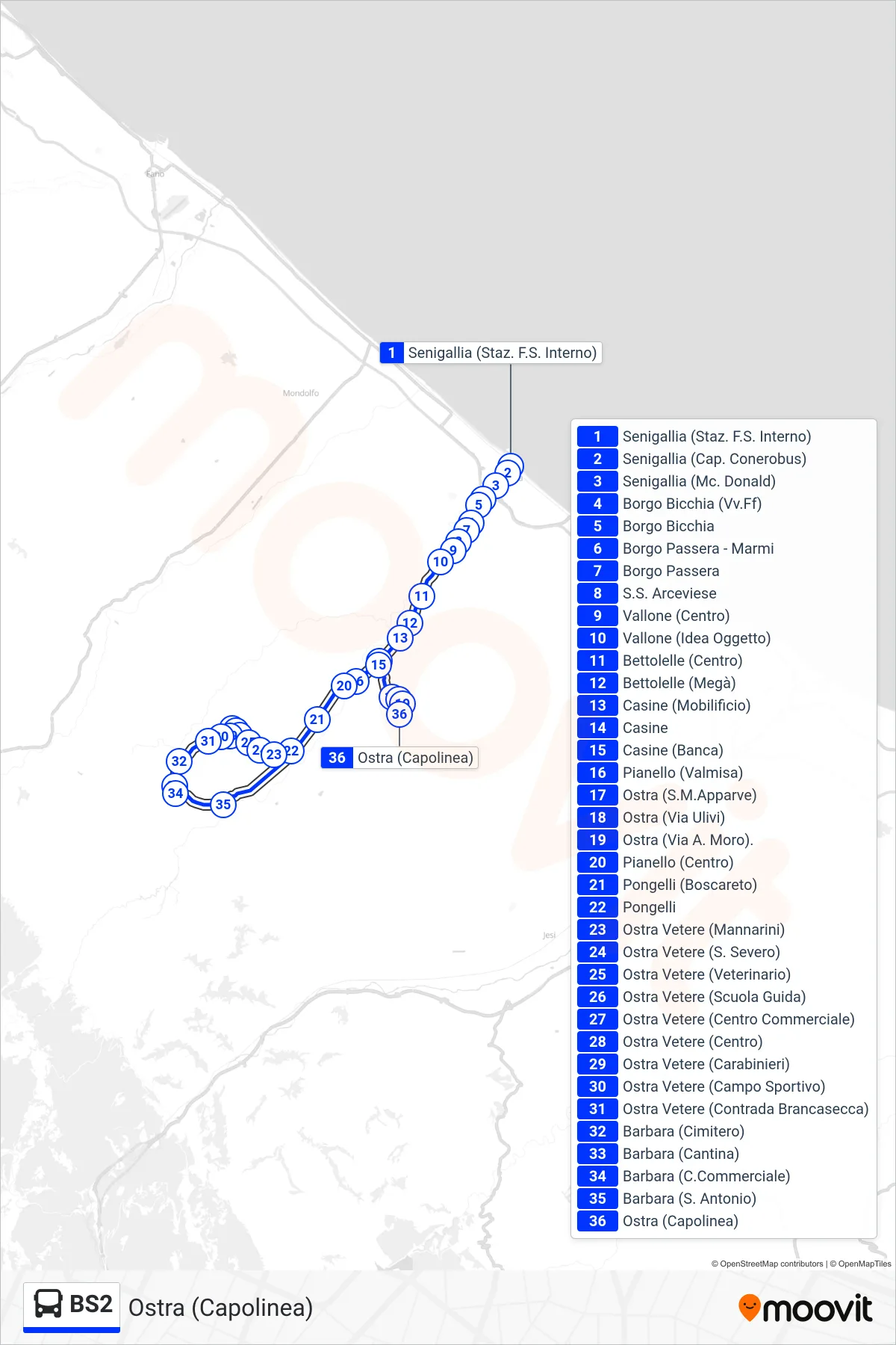 Linea BS2 bus (Ostra (Capolinea)) - Percorsi e fermate sulla mappa