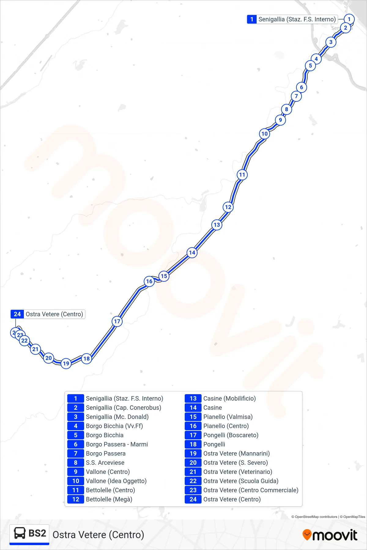 Linea BS2 bus (Ostra Vetere (Centro)) - Percorsi e fermate sulla mappa