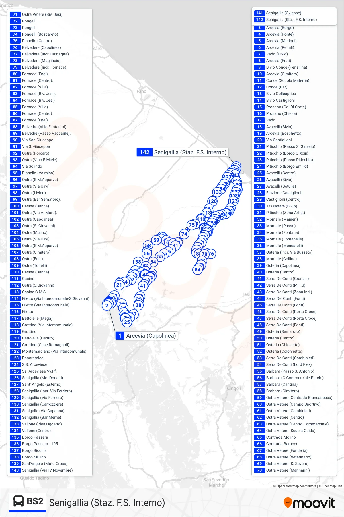 Linea BS2 bus (Senigallia (Staz. F.S. Interno)) - Percorsi e fermate sulla mappa