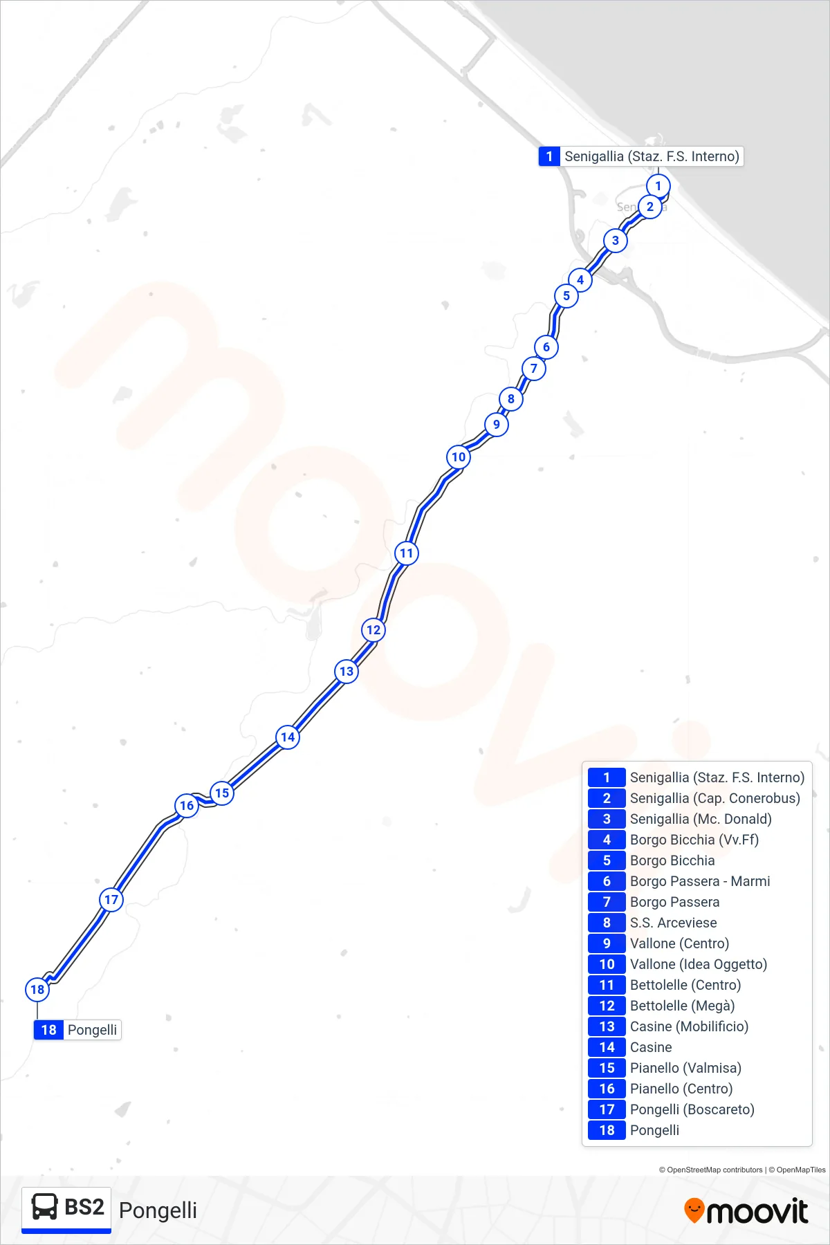 Linea BS2 bus (Pongelli) - Percorsi e fermate sulla mappa