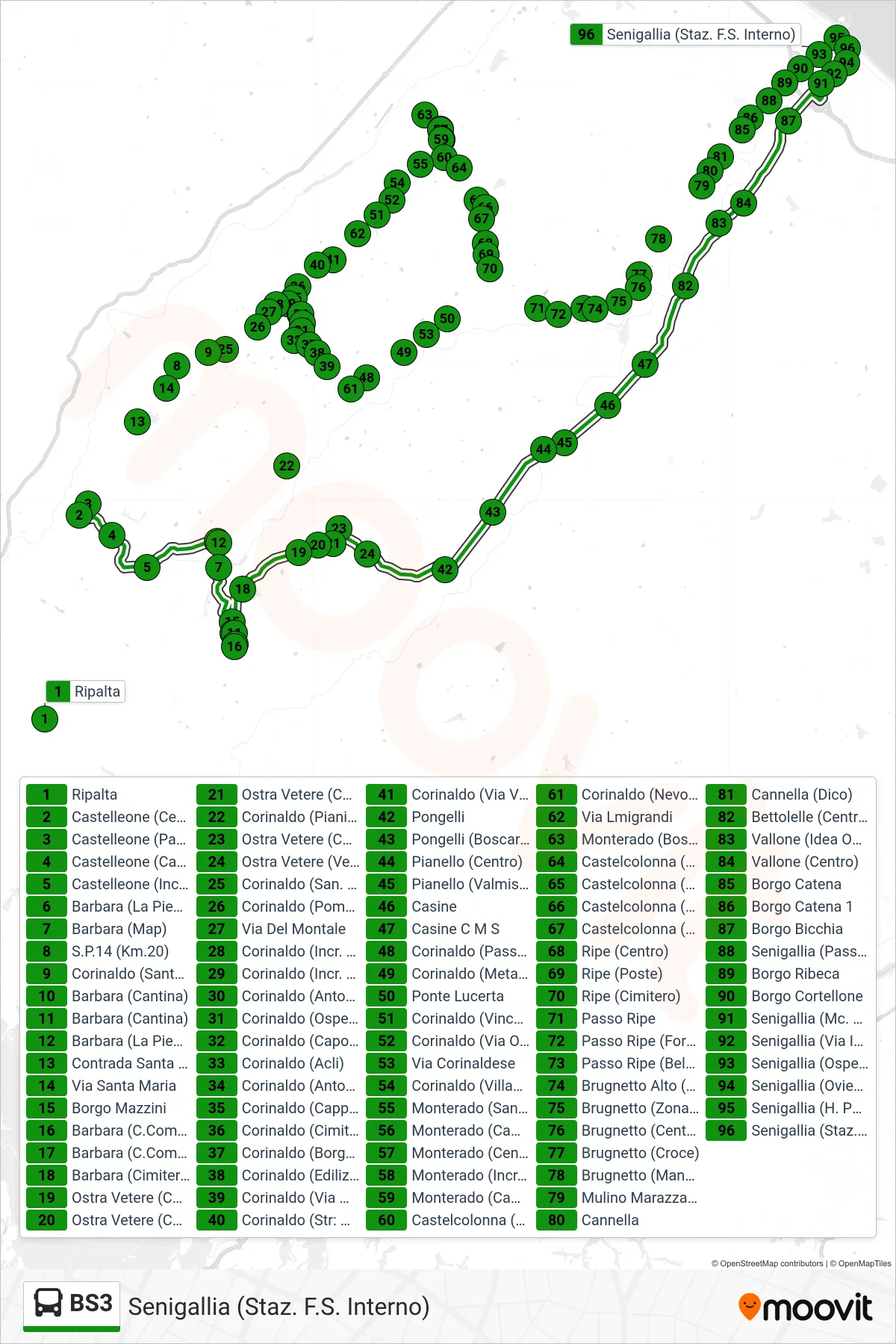 Linea BS3 bus (Senigallia (Staz. F.S. Interno)) - Percorsi e fermate sulla mappa