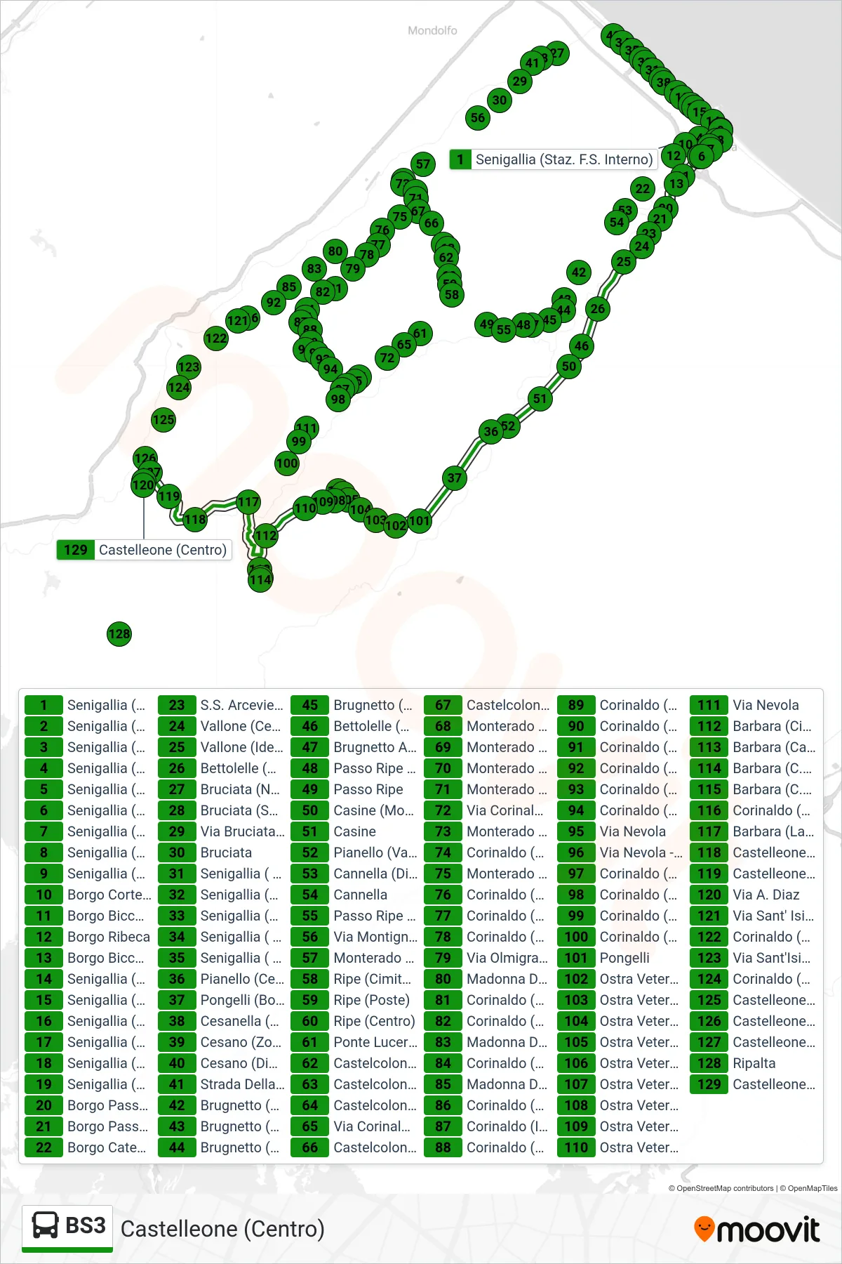 BS3 bus Line (Castelleone (Center)) route and stops on a map