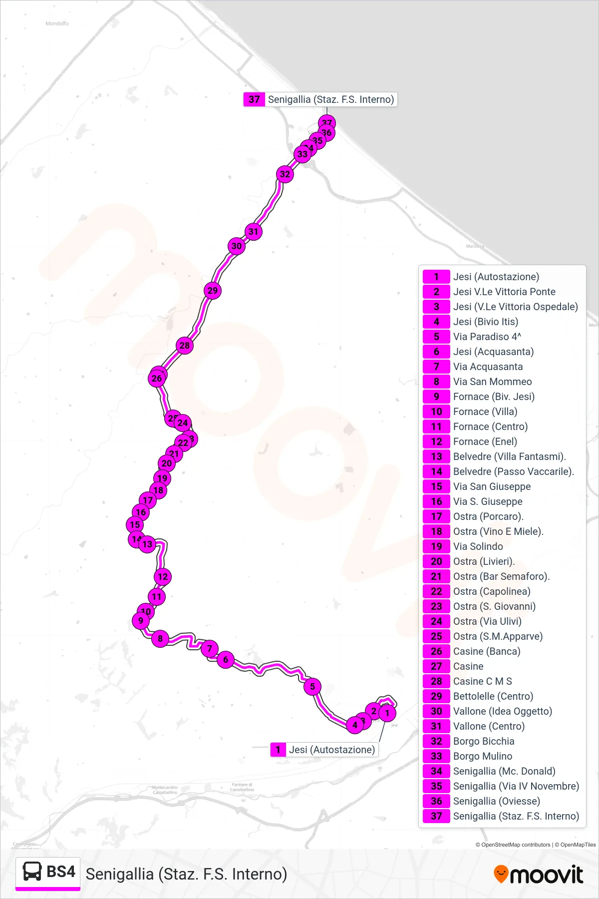 Linea BS4 bus (Senigallia (Staz. F.S. Interno)) - Percorsi e fermate sulla mappa