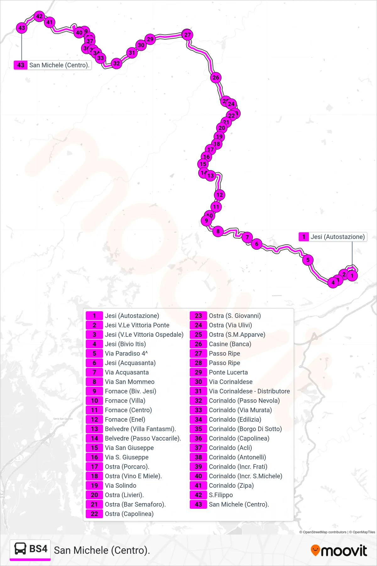BS4 bus Line (San Michele (Center)) route and stops on a map